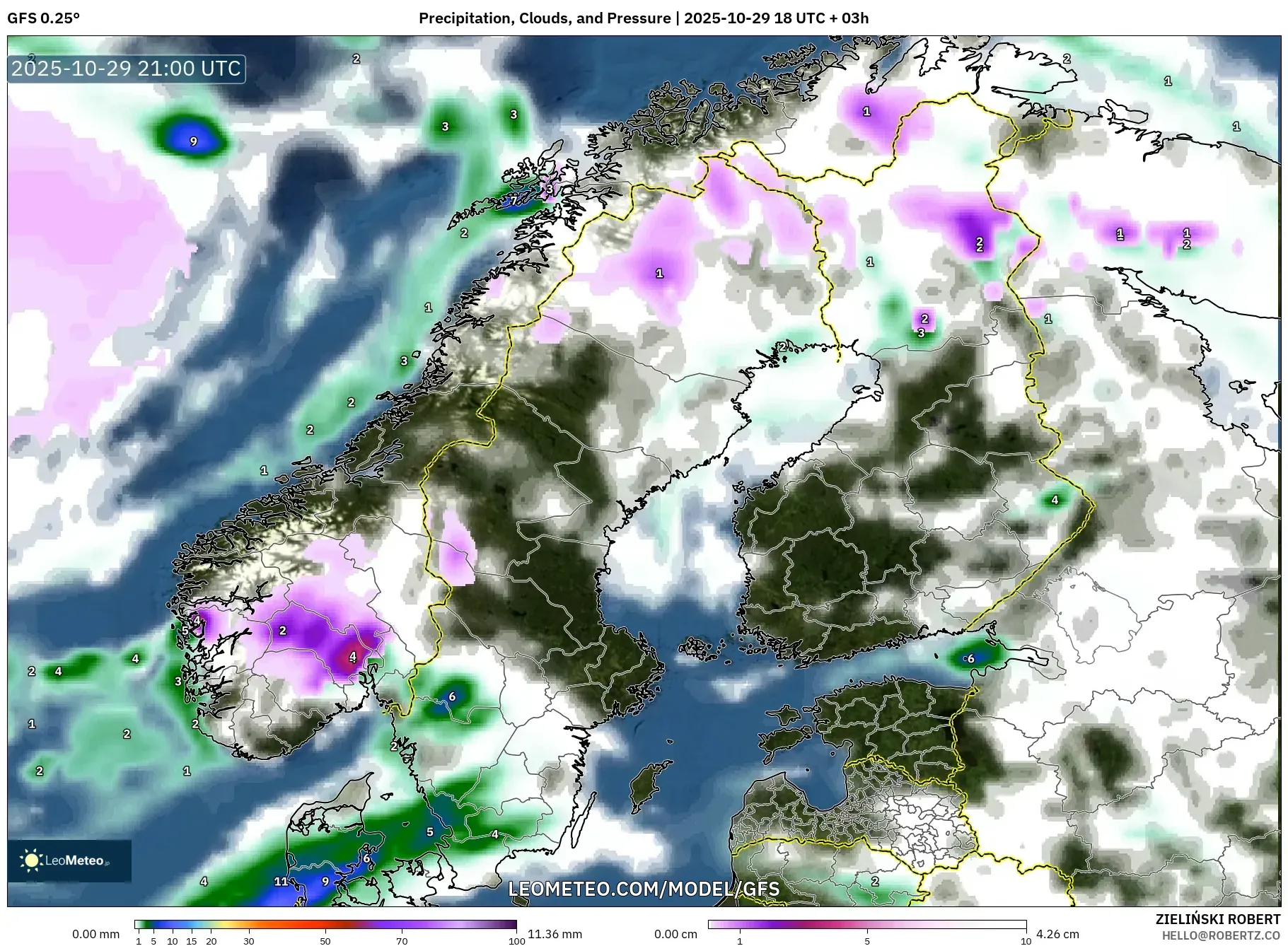 GFS model - Scandinavia, Precipitation, Clouds, and Pressure GFS model - Scandinavia, Precipitation, Clouds, and Pressure