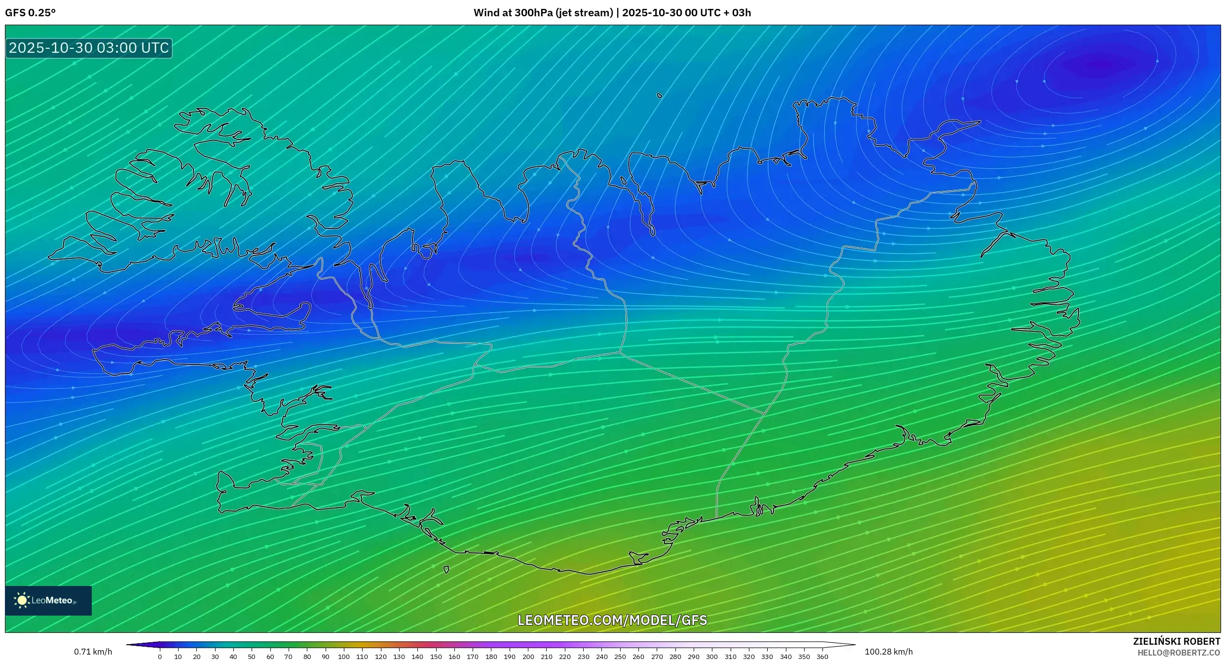 GFS model - Iceland, Wind at 300hPa (jet stream) GFS model - Iceland, Wind at 300hPa (jet stream)
