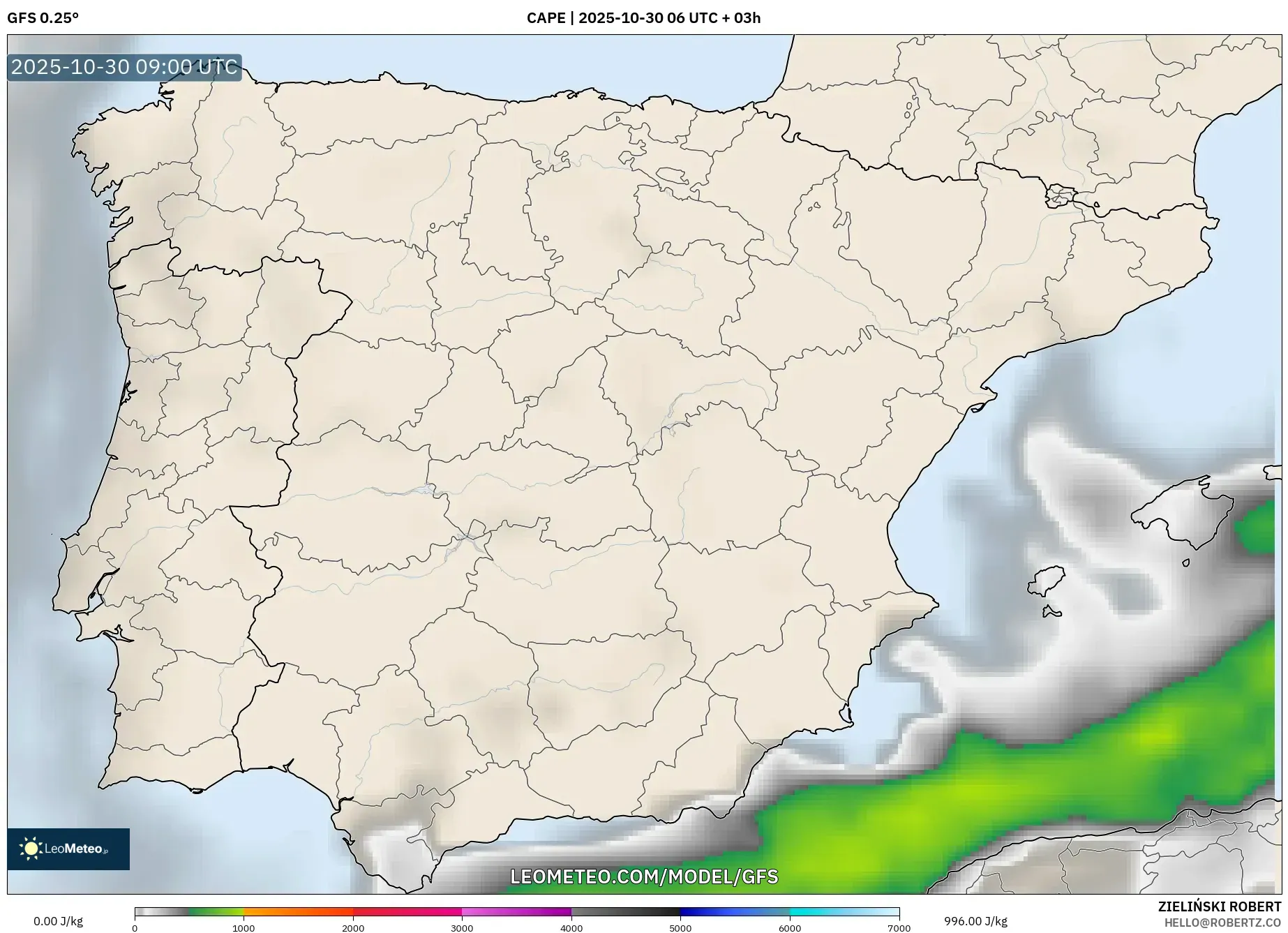 GFS model - Spain, CAPE GFS model - Spain, CAPE