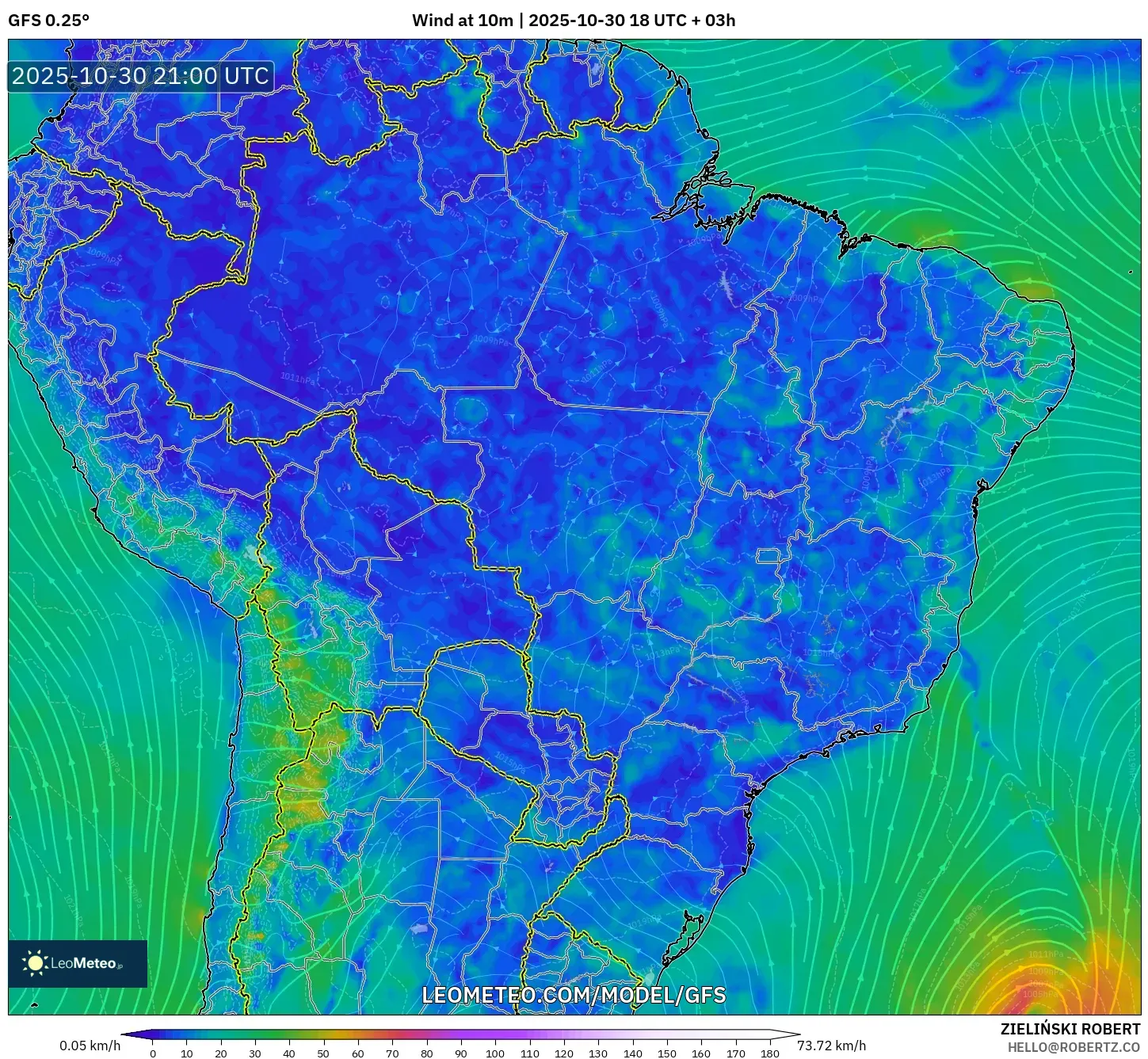GFS model - Brazil, Wind at 10m GFS model - Brazil, Wind at 10m