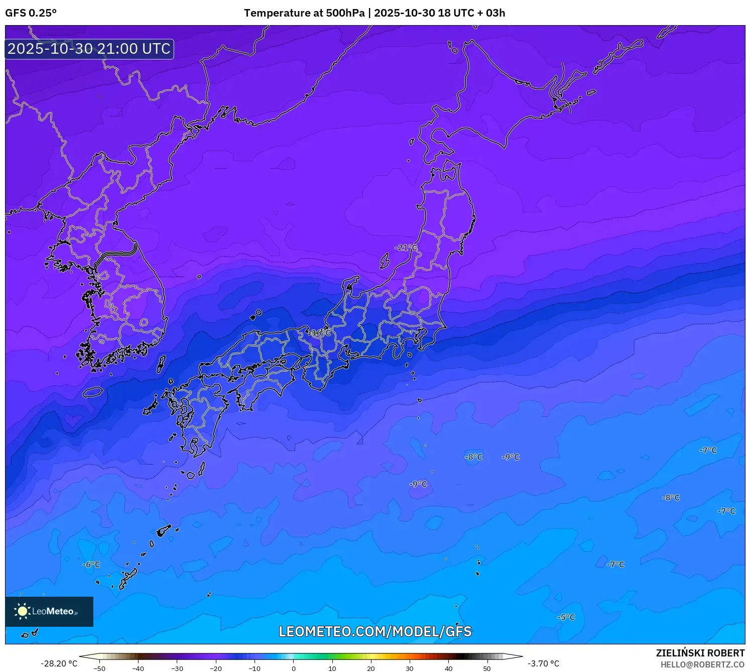 GFS model - Japan, Temperature at 500hPa GFS model - Japan, Temperature at 500hPa
