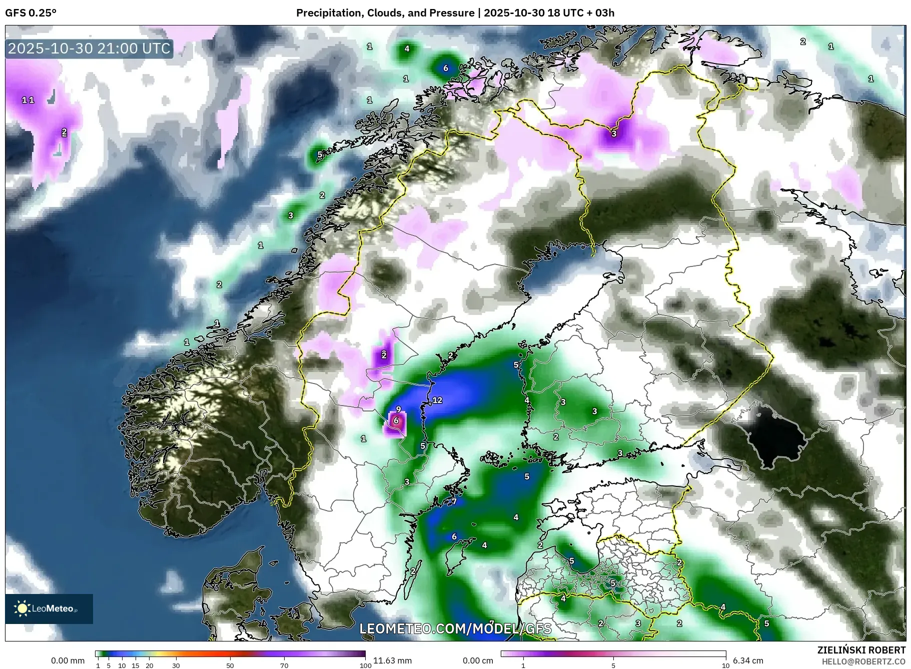 GFS model - Scandinavia, Precipitation, Clouds, and Pressure GFS model - Scandinavia, Precipitation, Clouds, and Pressure