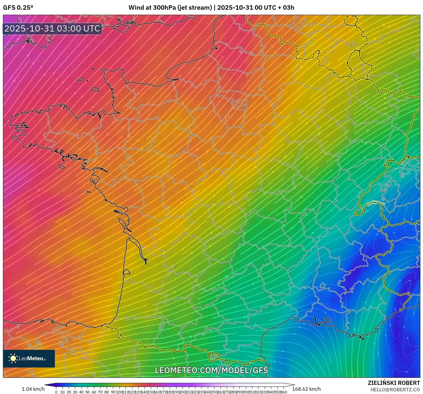 GFS model - France, Wind at 300hPa (jet stream) GFS model - France, Wind at 300hPa (jet stream)