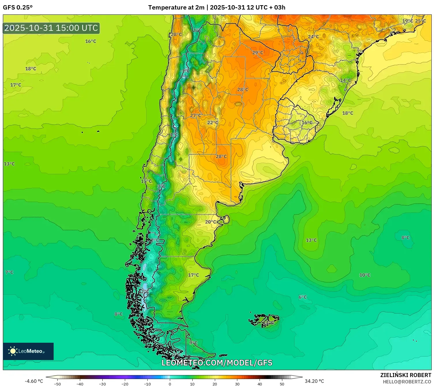 GFS model - Argentina, Temperature at 2m GFS model - Argentina, Temperature at 2m
