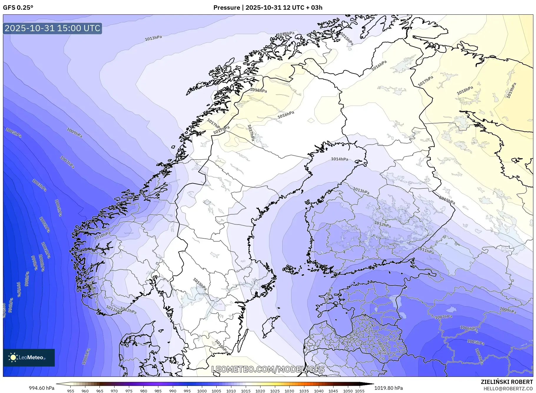 GFS model - Scandinavia, Pressure GFS model - Scandinavia, Pressure