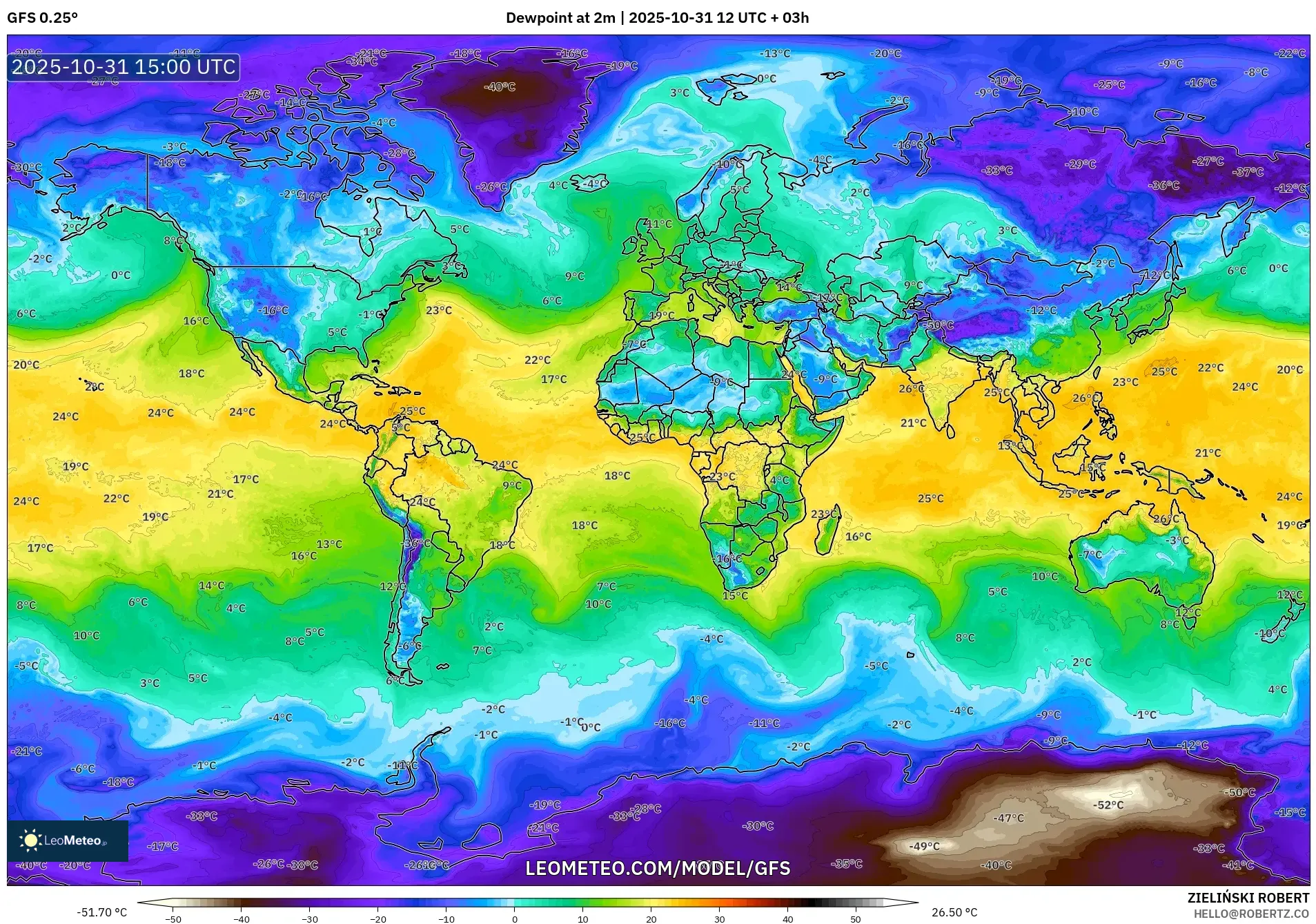 GFS model - World, Dewpoint at 2m