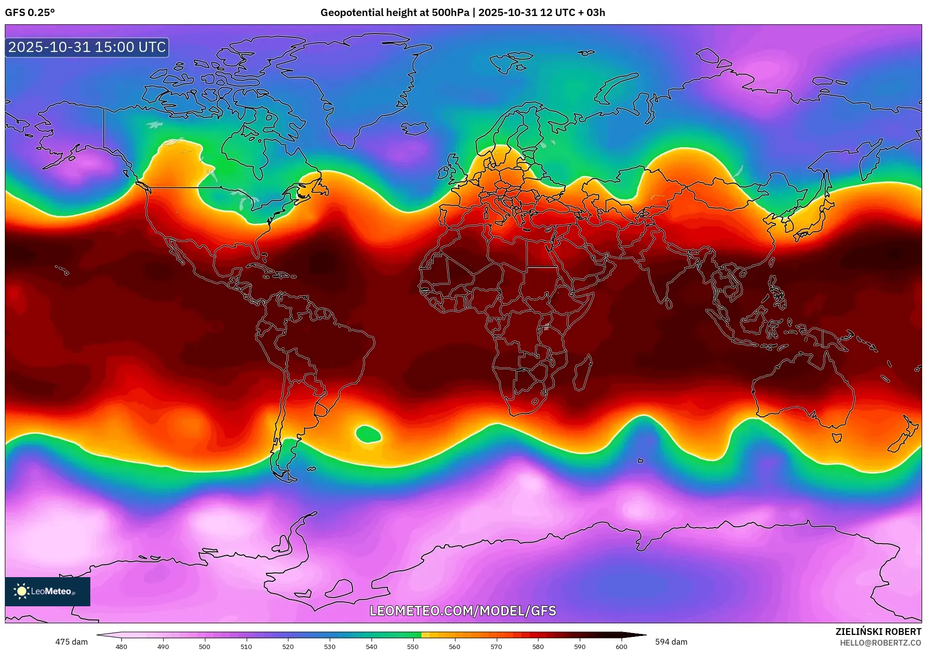 GFS model - World, Geopotential height at 500hPa