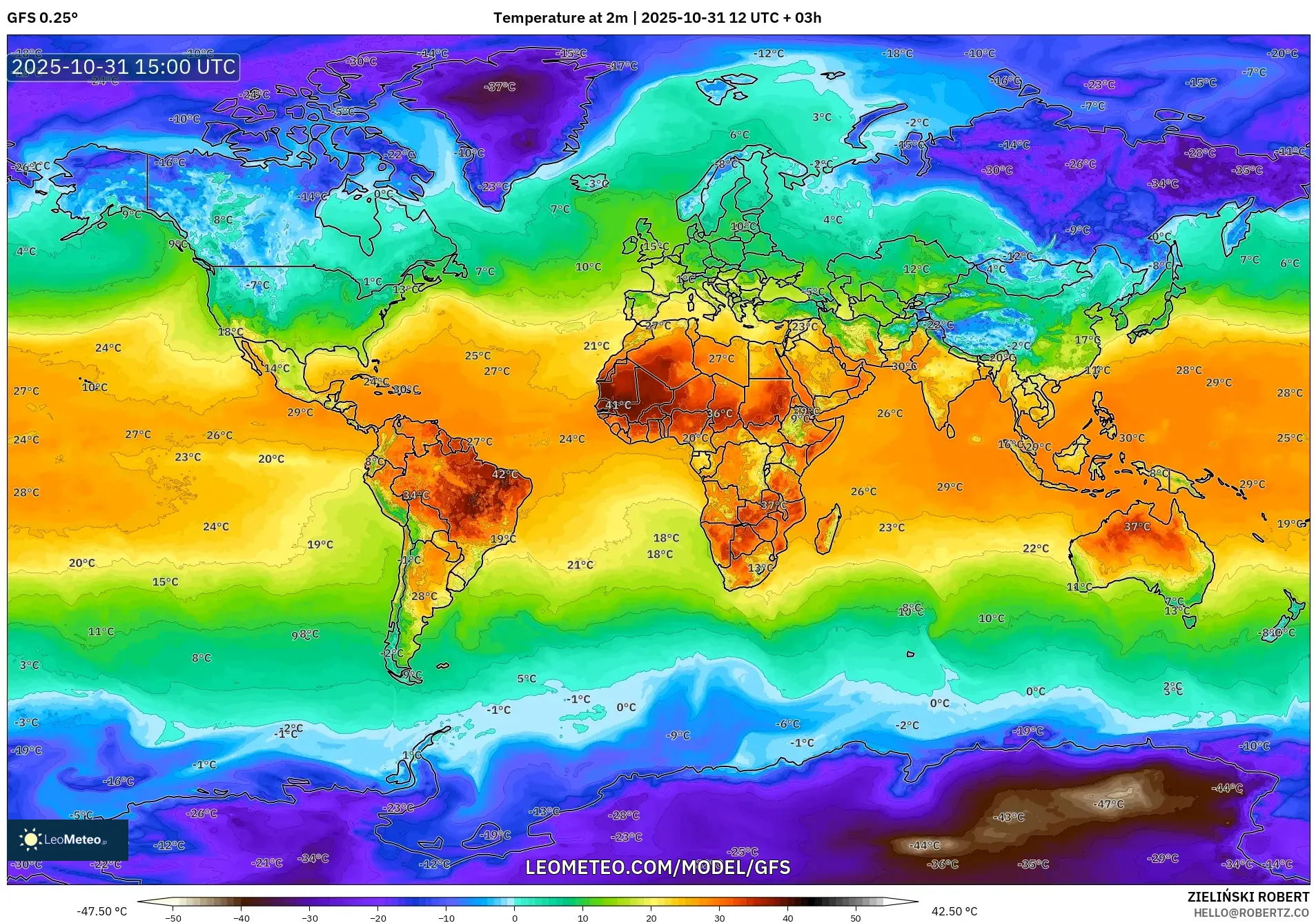 GFS model - World, Temperature at 2m GFS model - World, Temperature at 2m
