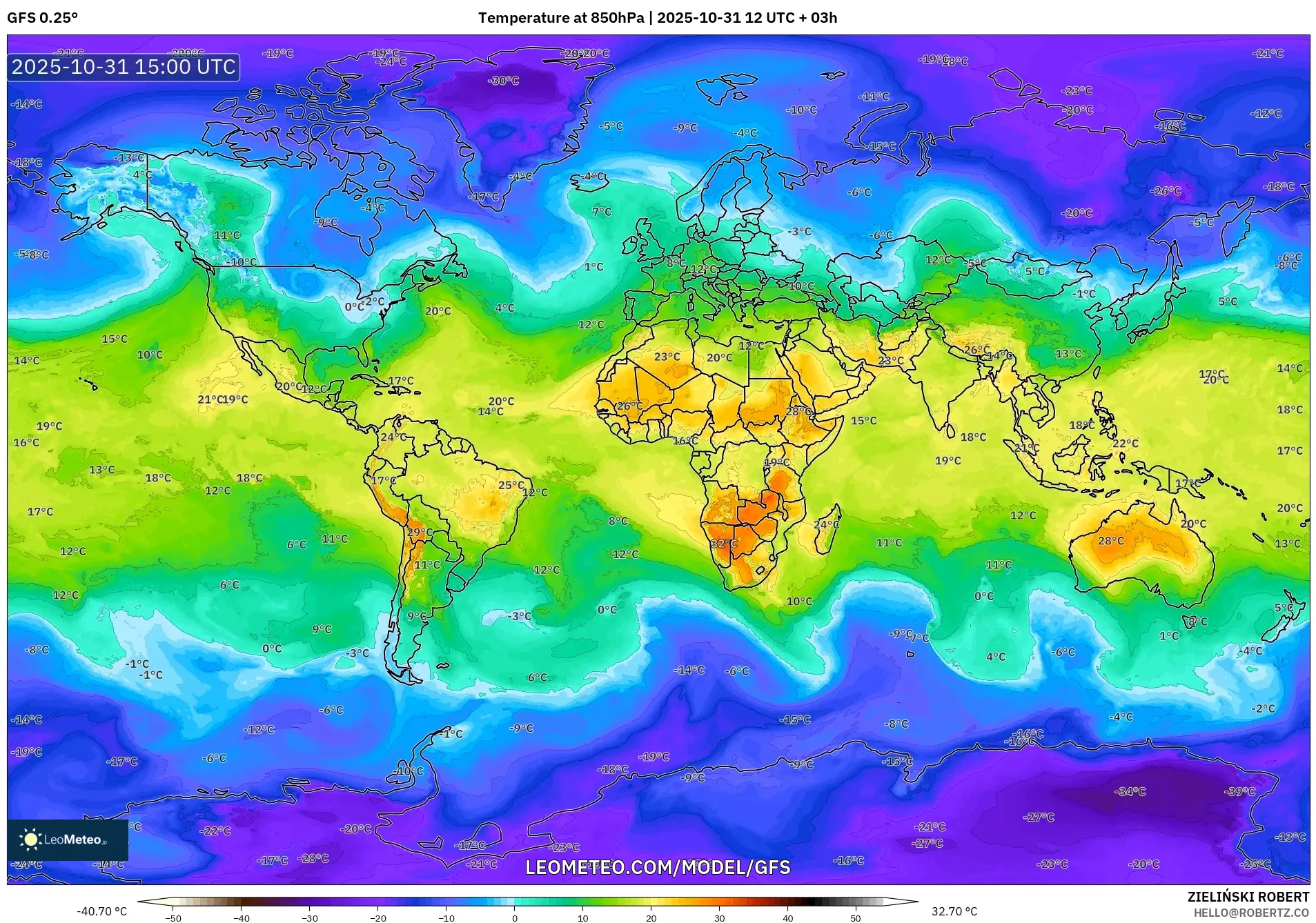 GFS model - World, Temperature at 850hPa GFS model - World, Temperature at 850hPa