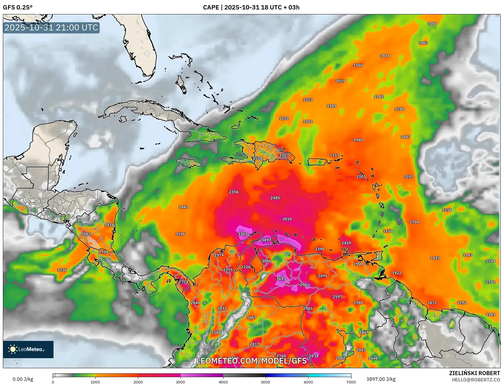 GFS model - Caribbean, CAPE GFS model - Caribbean, CAPE