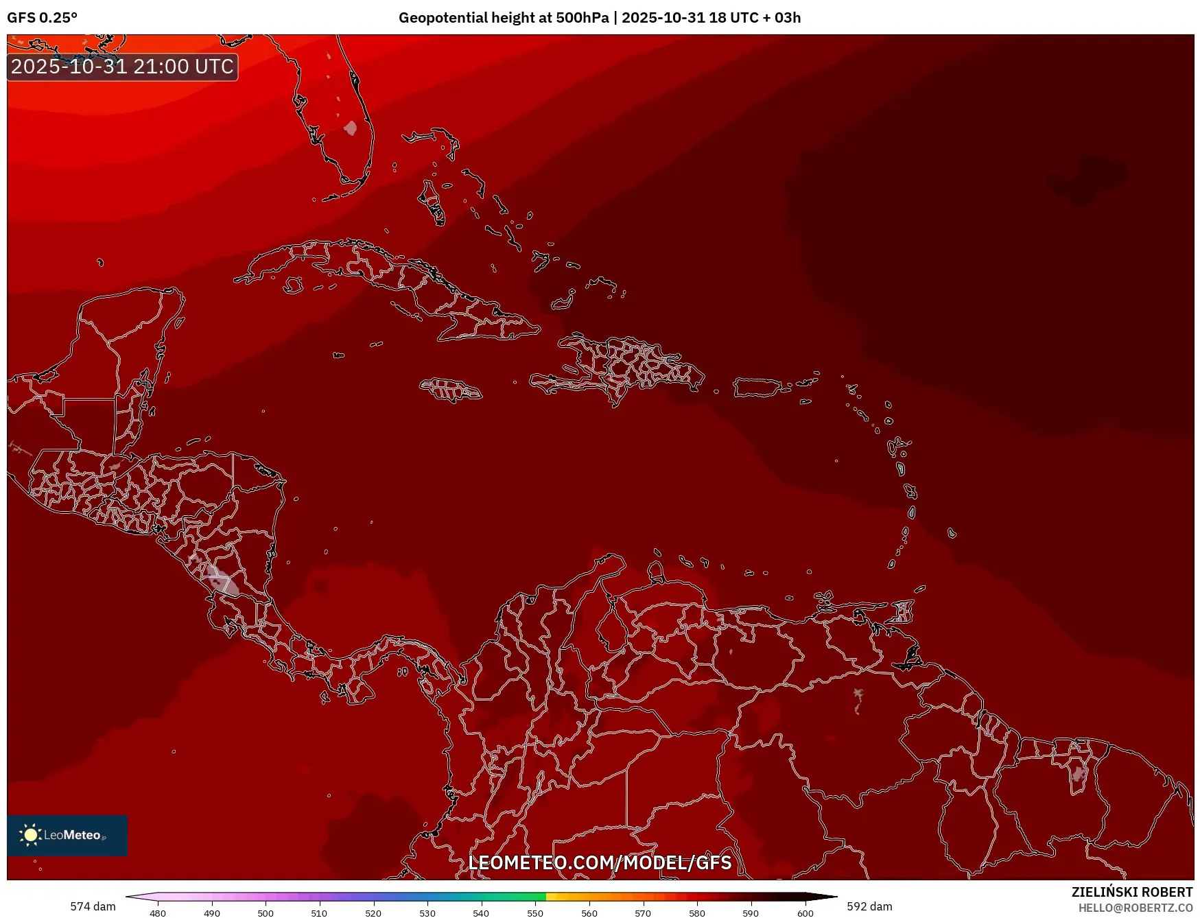 GFS model - Caribbean, Geopotential height at 500hPa