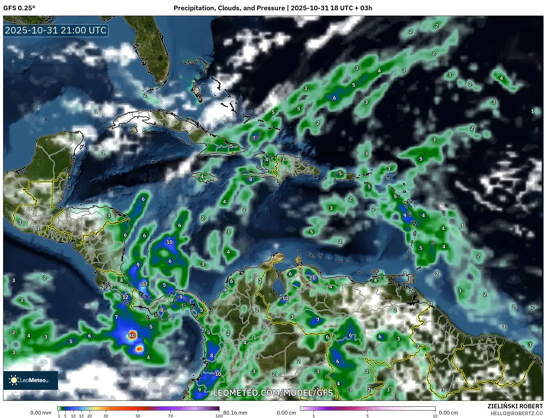 GFS model - Caribbean, Precipitation, Clouds, and Pressure GFS model - Caribbean, Precipitation, Clouds, and Pressure