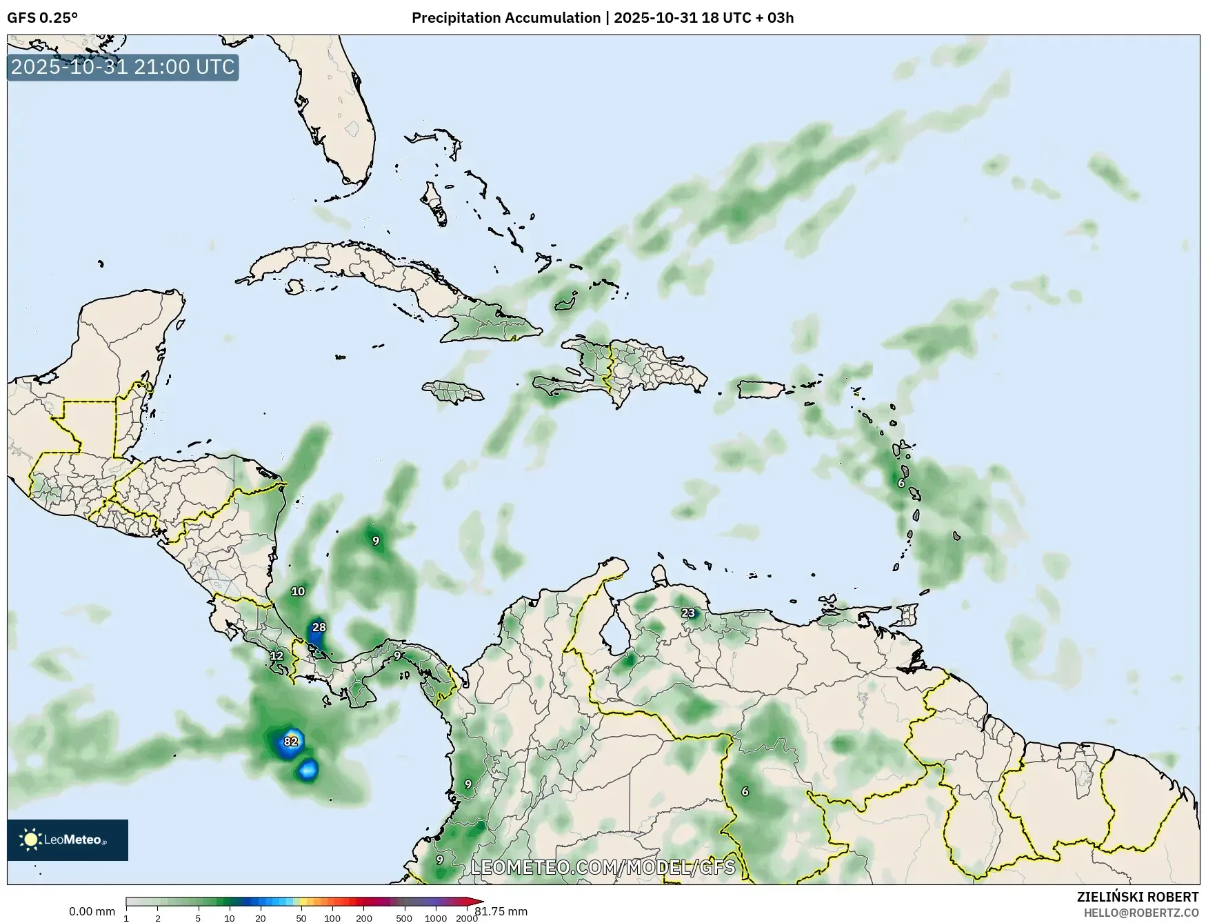 GFS model - Caribbean, Precipitation Accumulation GFS model - Caribbean, Precipitation Accumulation