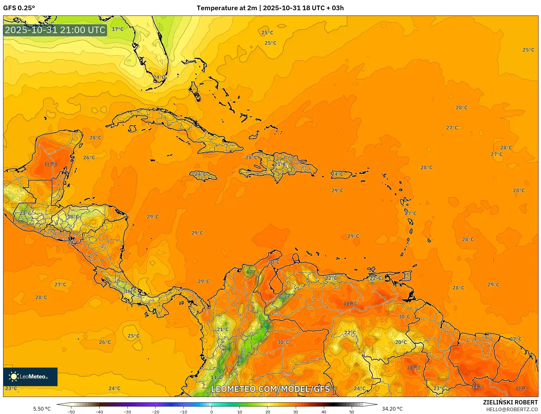 GFS model - Caribbean, Temperature at 2m GFS model - Caribbean, Temperature at 2m