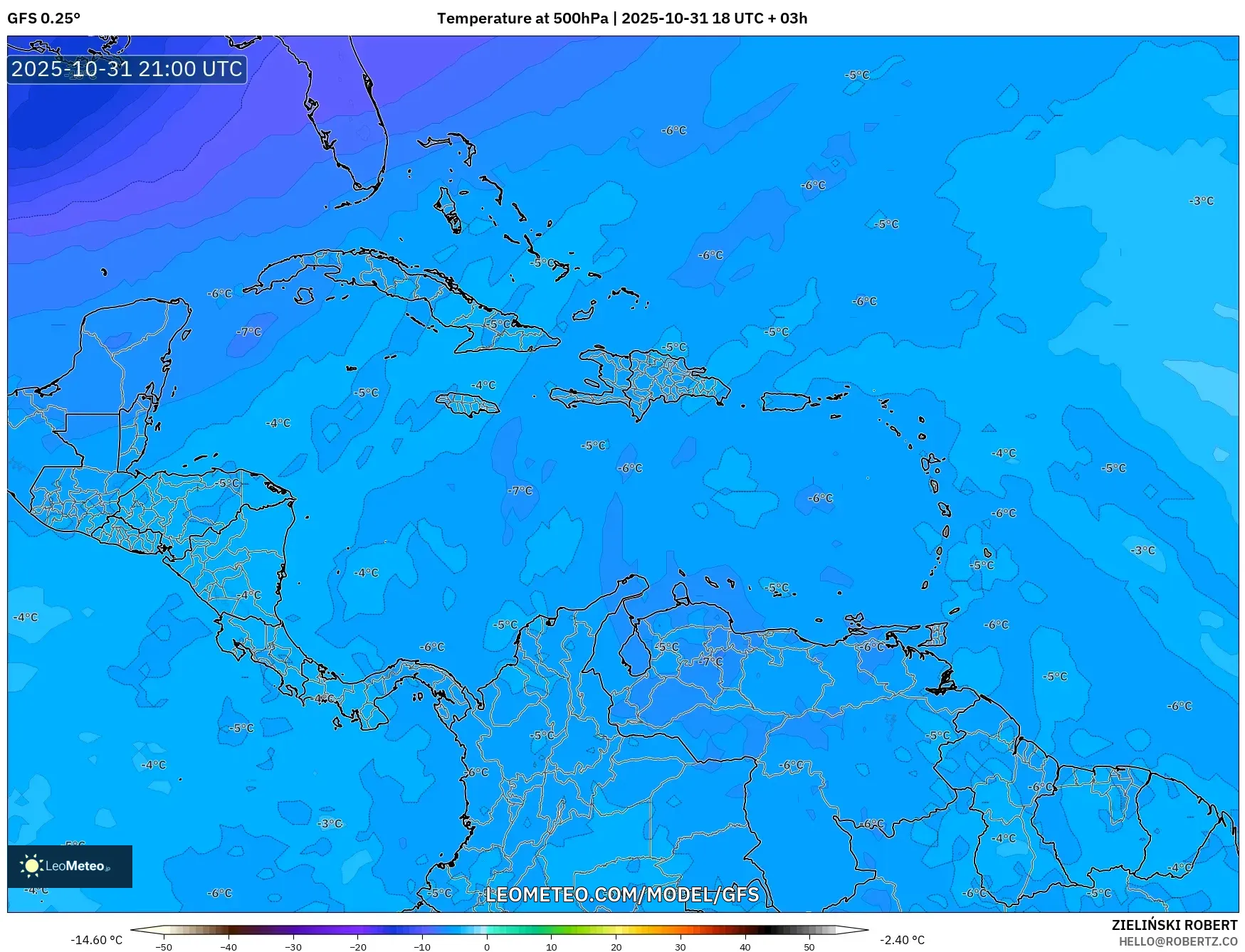 GFS model - Caribbean, Temperature at 500hPa GFS model - Caribbean, Temperature at 500hPa