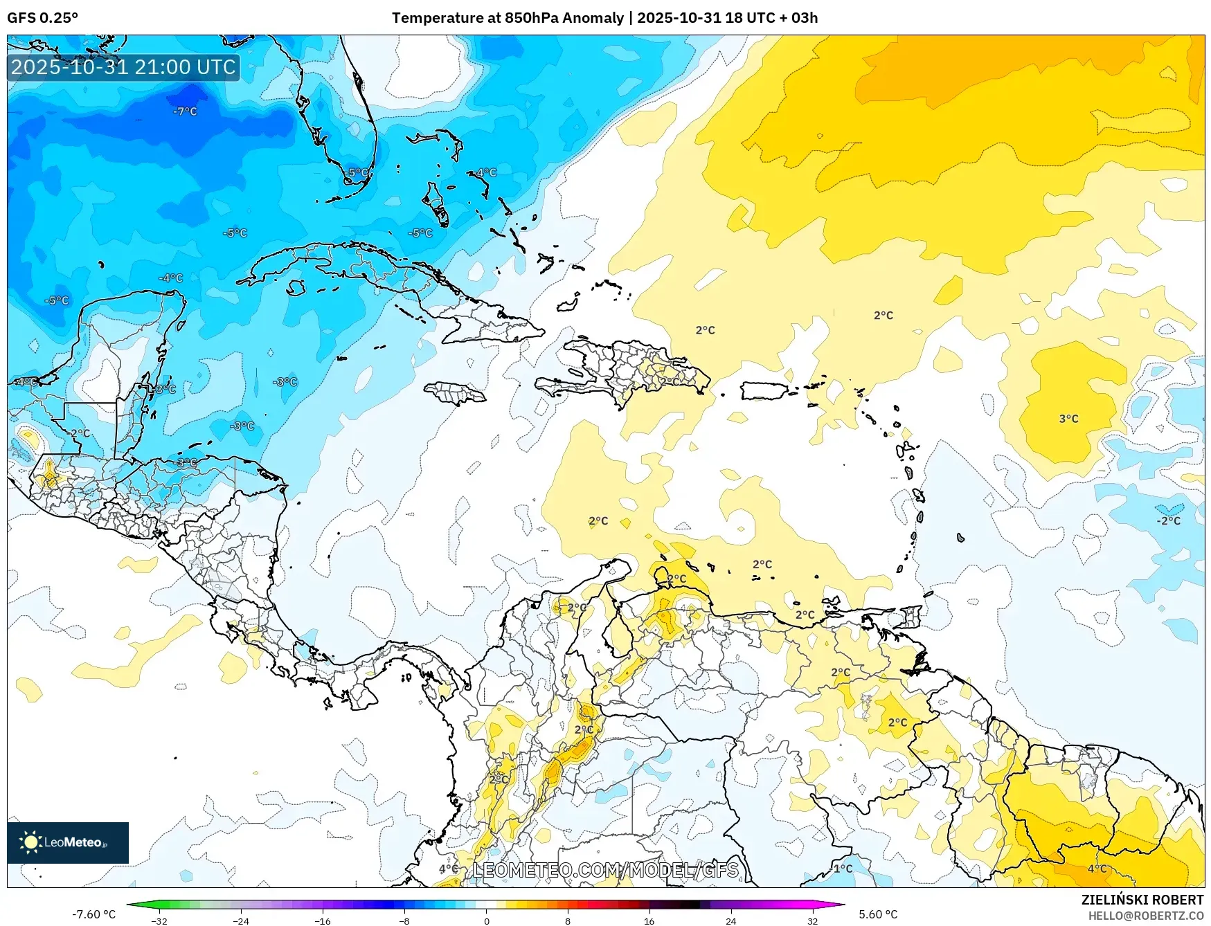 GFS model - Caribbean, Temperature at 850hPa Anomaly