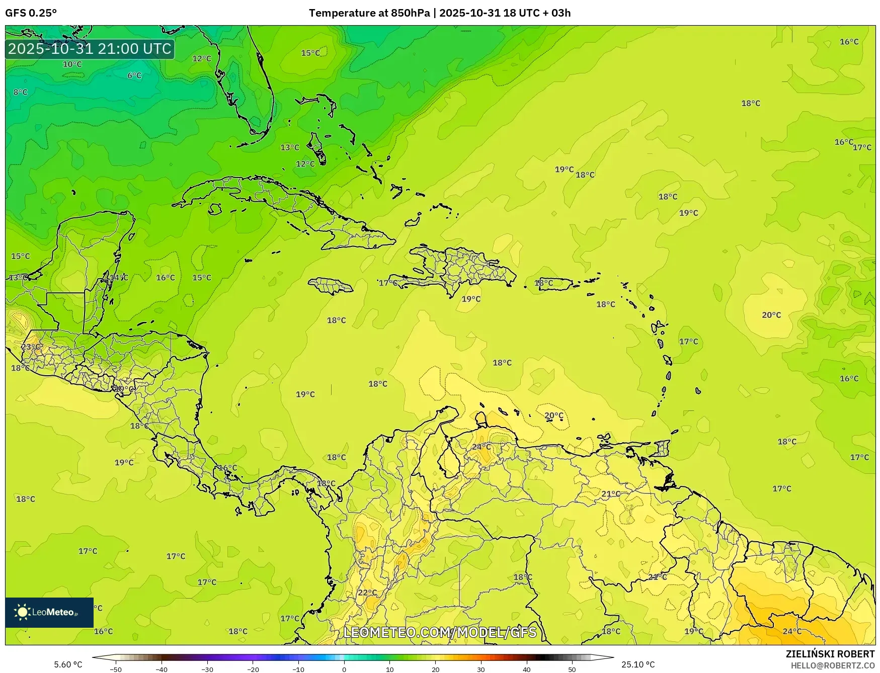 GFS model - Caribbean, Temperature at 850hPa GFS model - Caribbean, Temperature at 850hPa