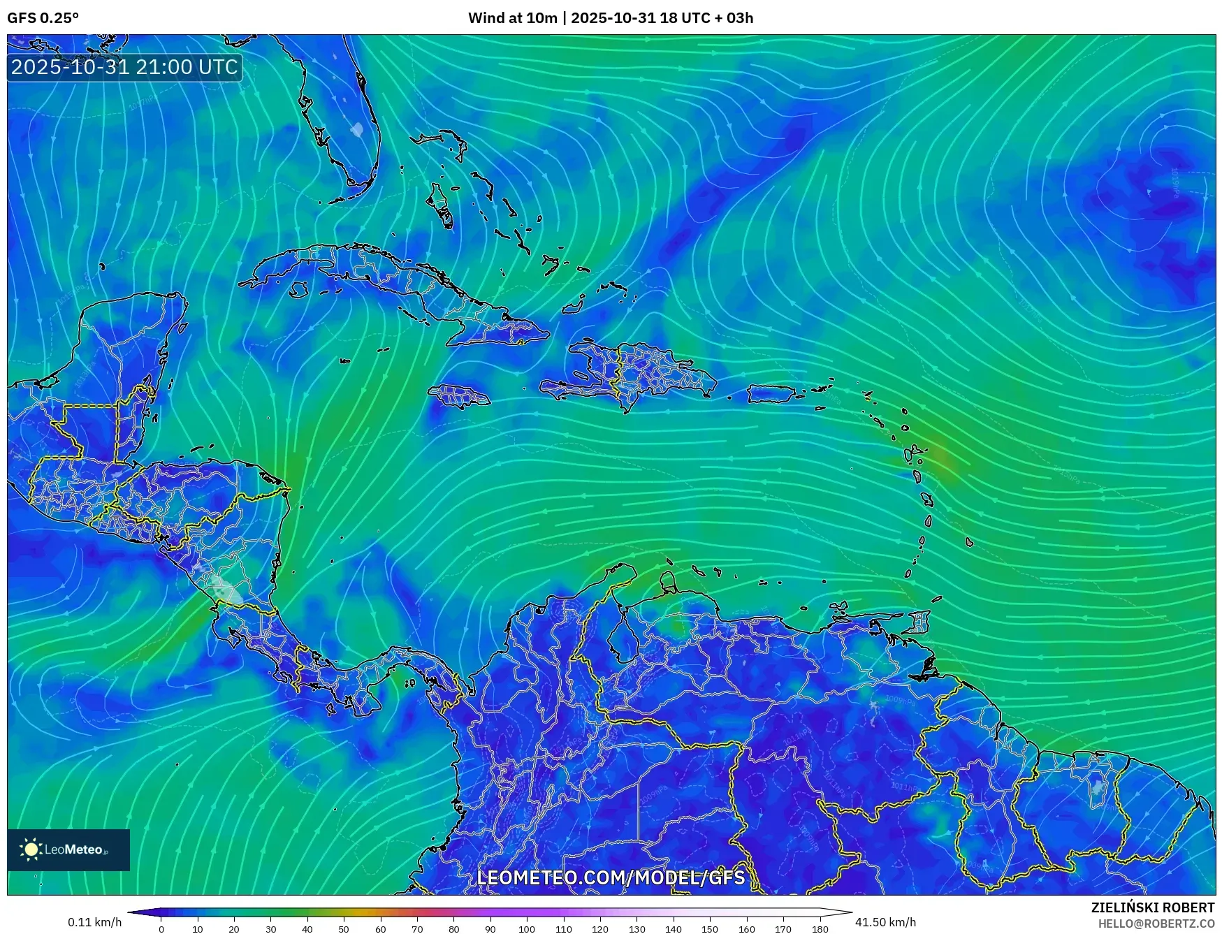 GFS model - Caribbean, Wind at 10m GFS model - Caribbean, Wind at 10m