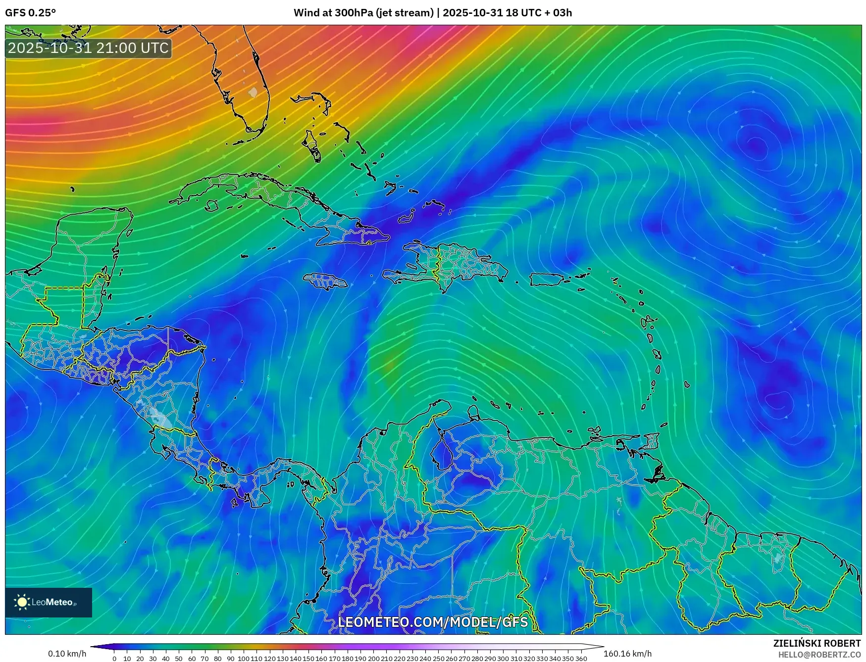 GFS model - Caribbean, Wind at 300hPa (jet stream) GFS model - Caribbean, Wind at 300hPa (jet stream)