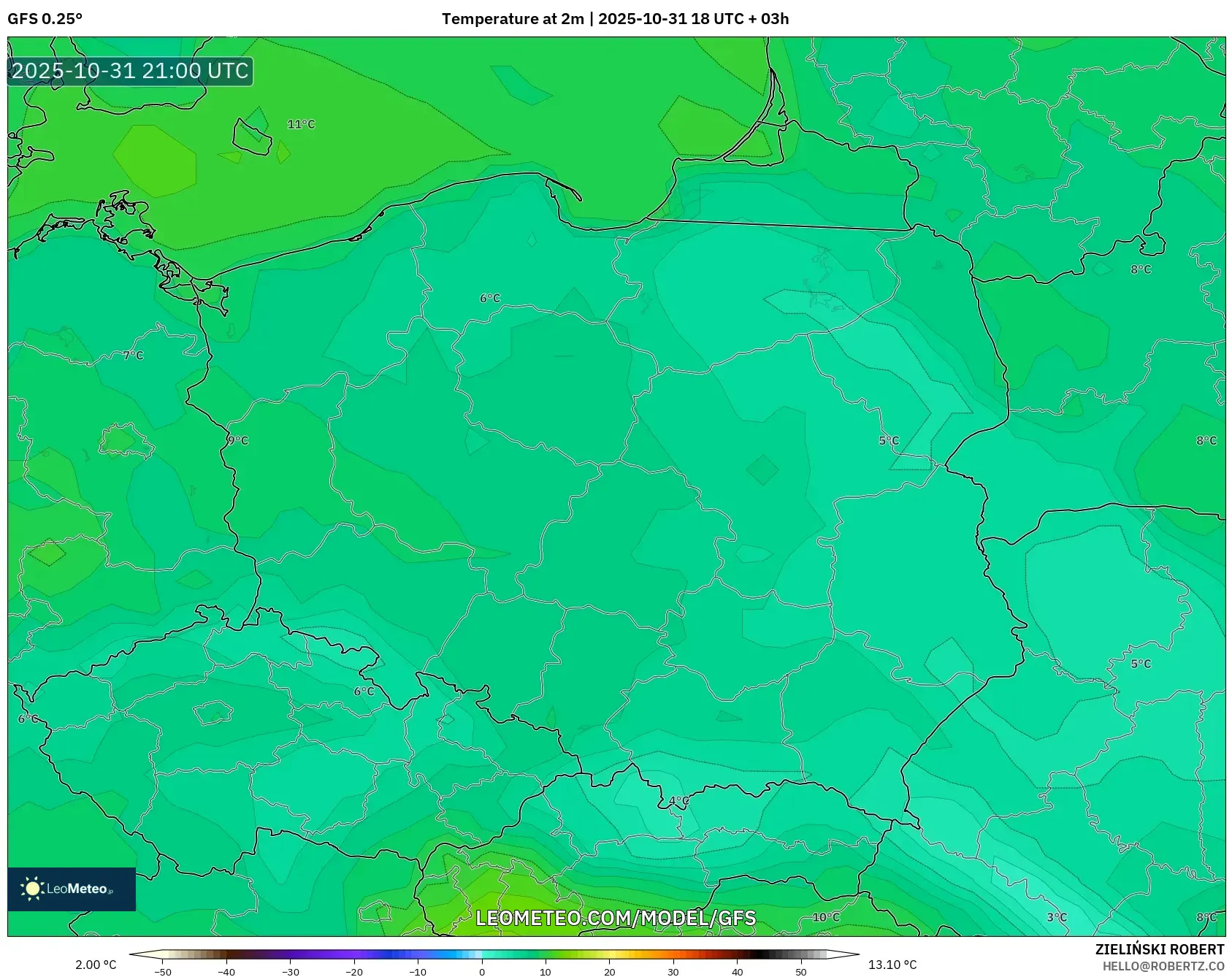 GFS model - Poland, Temperature at 2m GFS model - Poland, Temperature at 2m