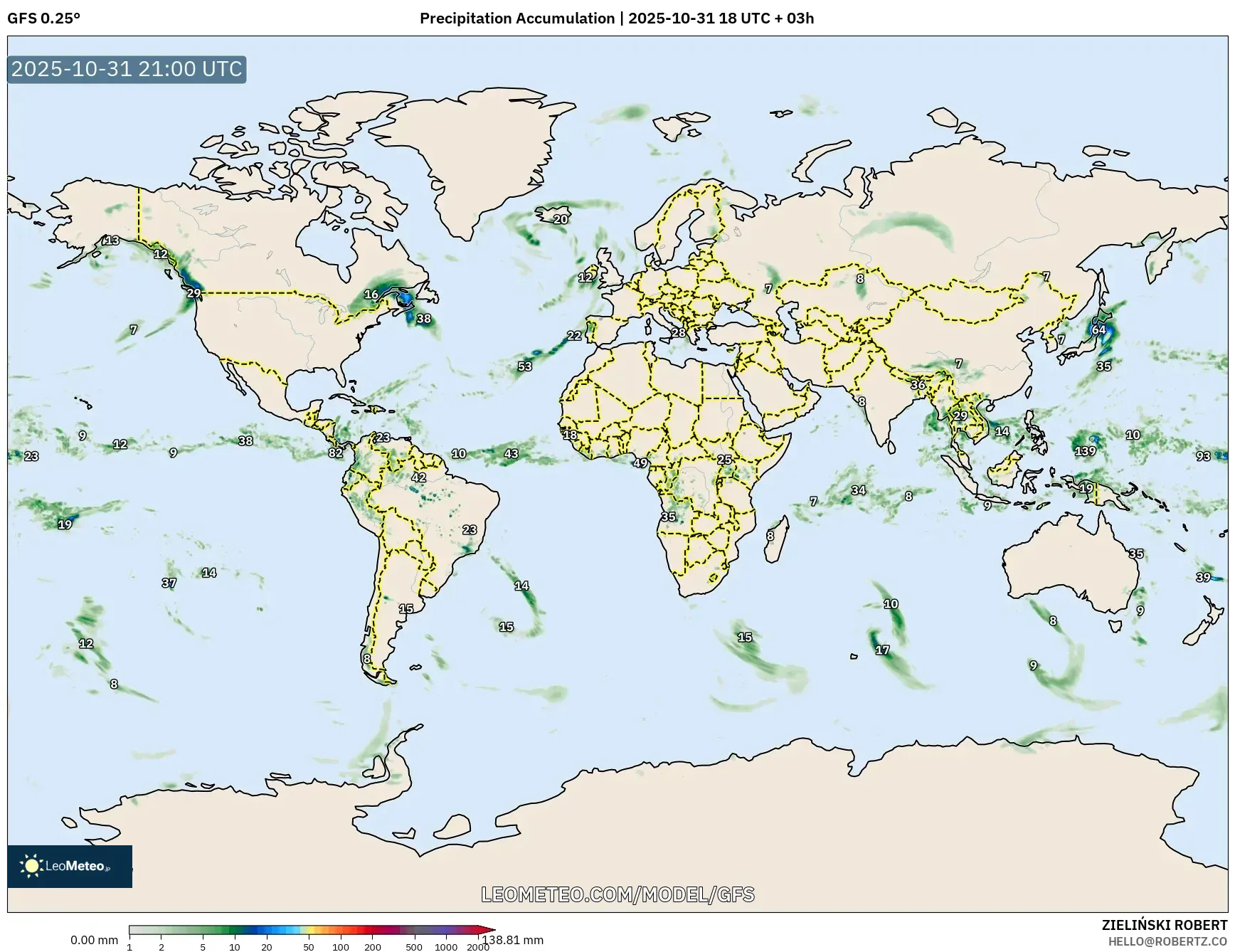 GFS model - World, Precipitation Accumulation