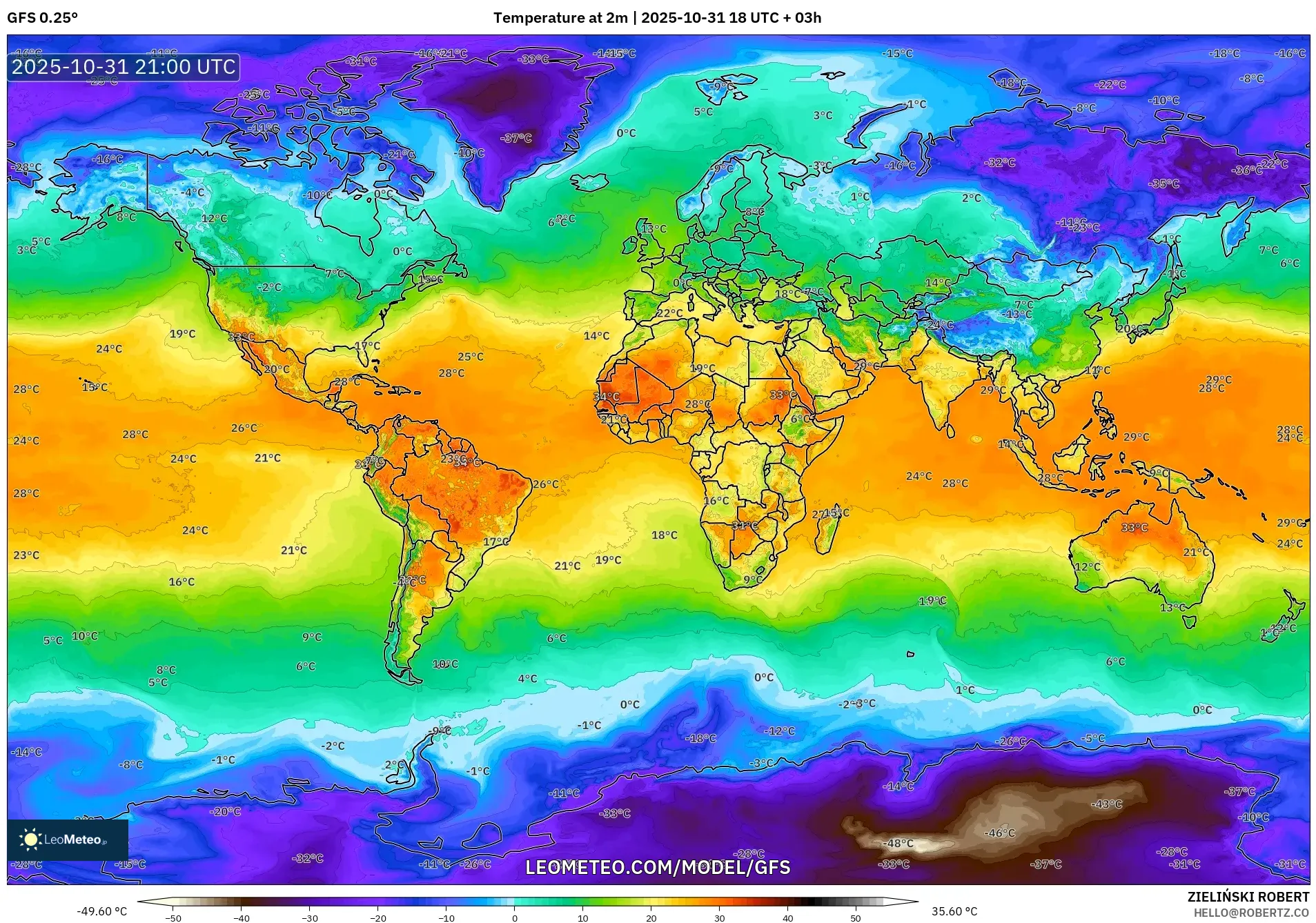GFS model - World, Temperature at 2m
