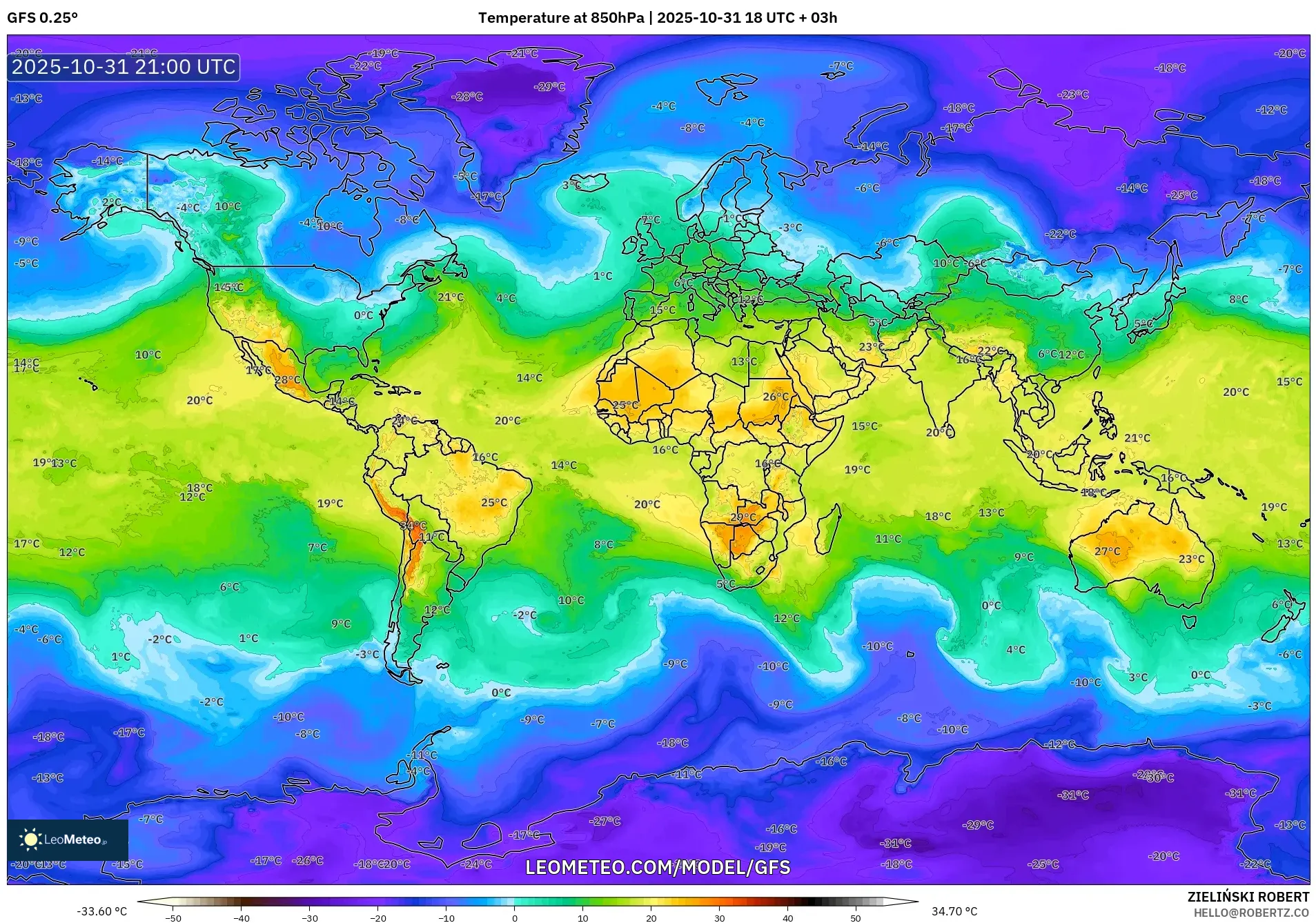 GFS model - World, Temperature at 850hPa GFS model - World, Temperature at 850hPa