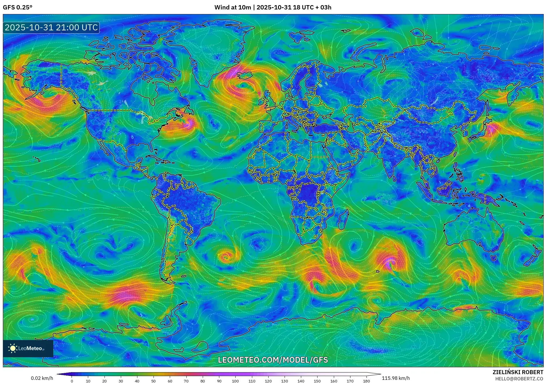GFS model - World, Wind at 10m