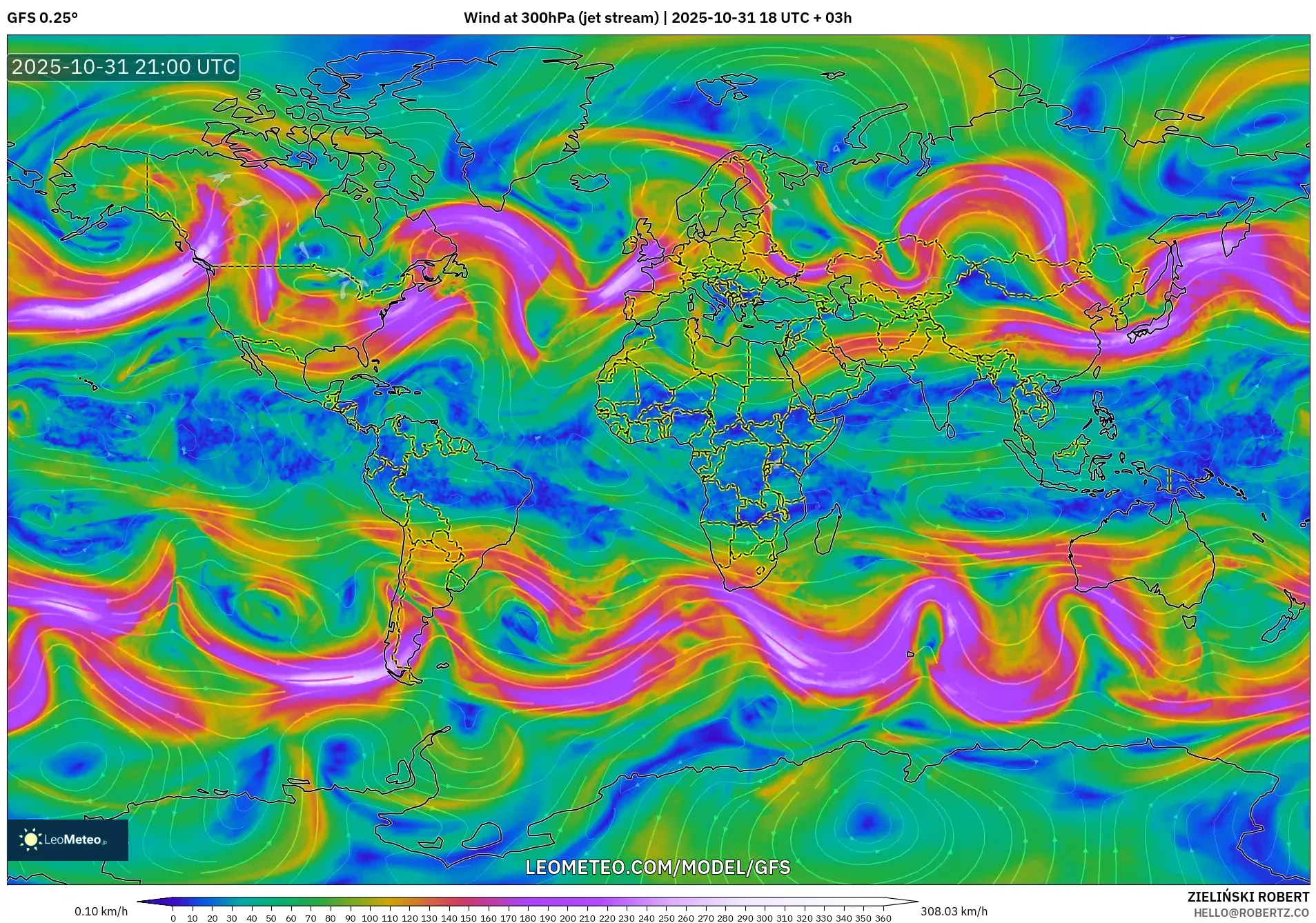 GFS model - World, Wind at 300hPa (jet stream) GFS model - World, Wind at 300hPa (jet stream)