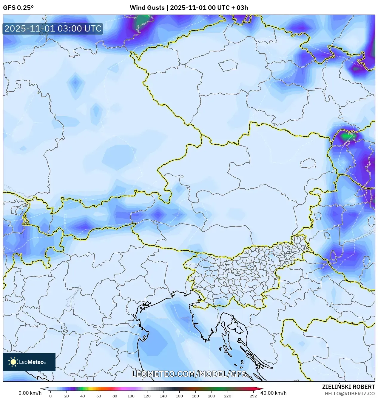 GFS model - Austria, Wind Gusts GFS model - Austria, Wind Gusts