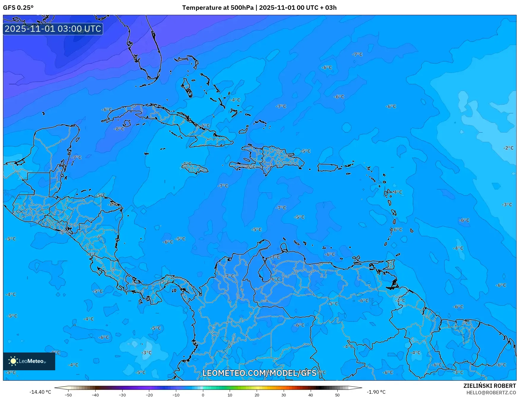 GFS model - Caribbean, Temperature at 500hPa GFS model - Caribbean, Temperature at 500hPa