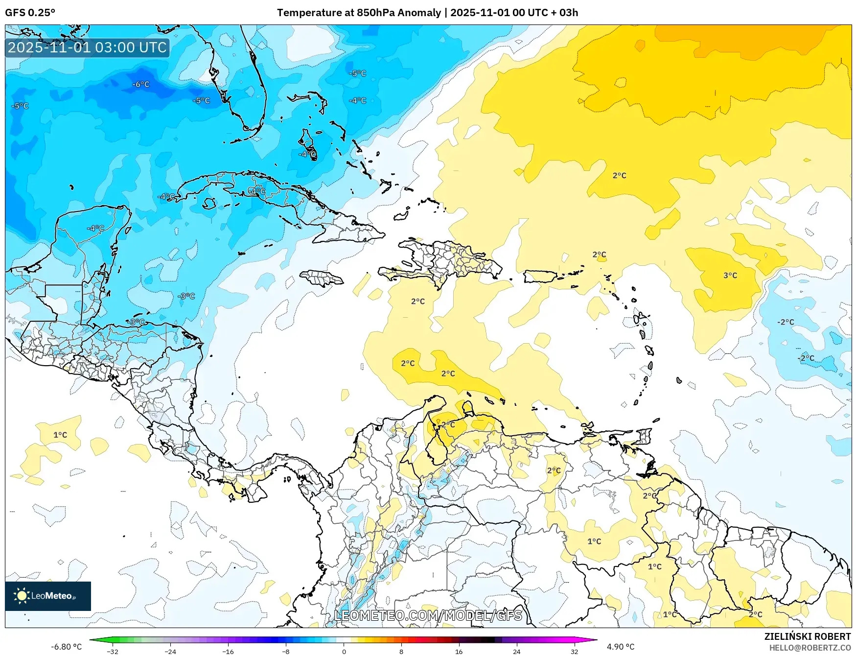 GFS model - Caribbean, Temperature at 850hPa Anomaly GFS model - Caribbean, Temperature at 850hPa Anomaly