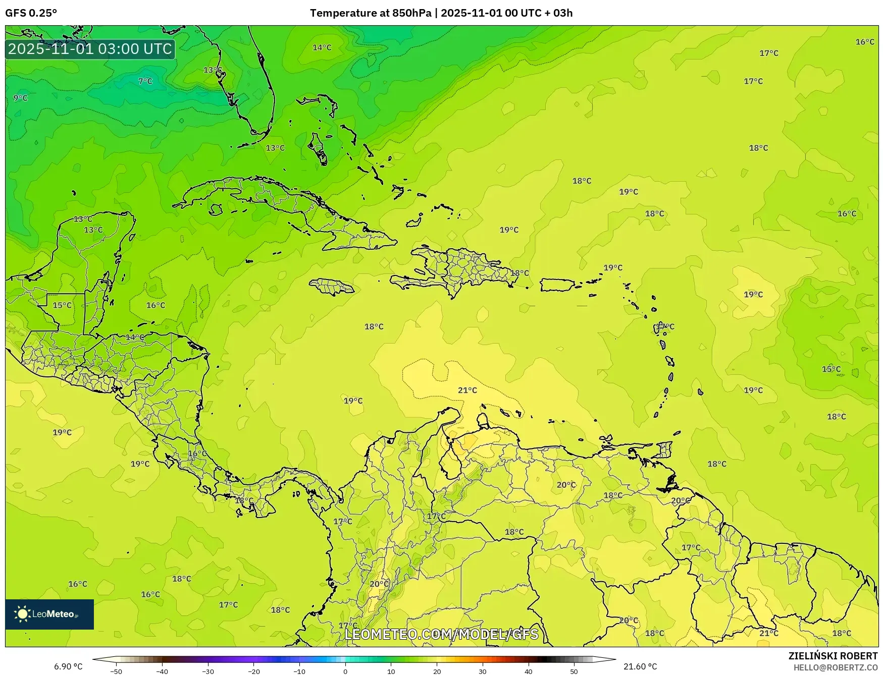 GFS model - Caribbean, Temperature at 850hPa GFS model - Caribbean, Temperature at 850hPa