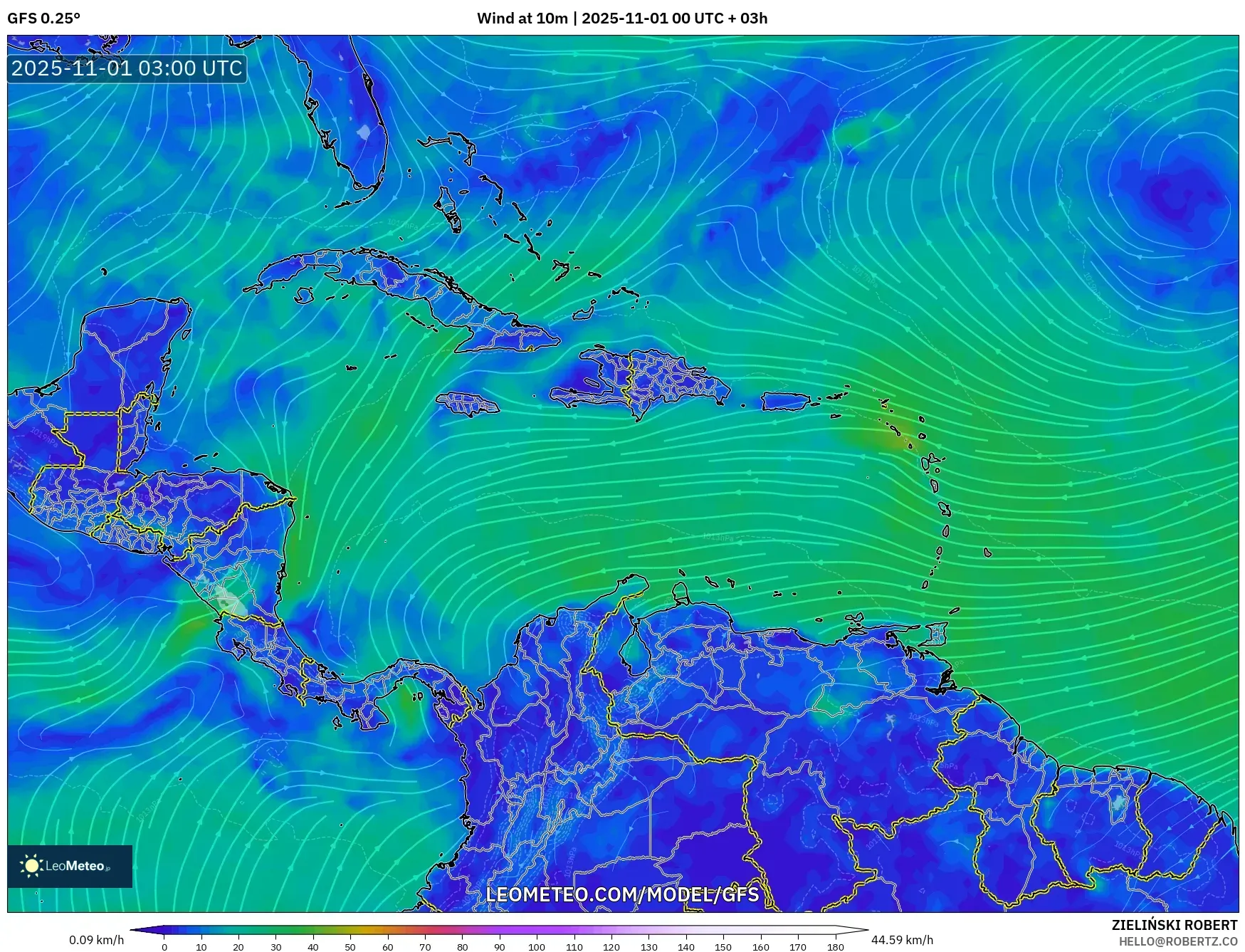 GFS model - Caribbean, Wind at 10m GFS model - Caribbean, Wind at 10m