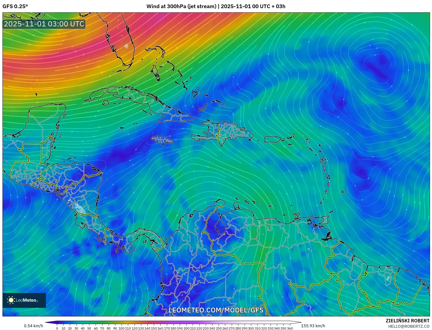 GFS model - Caribbean, Wind at 300hPa (jet stream) GFS model - Caribbean, Wind at 300hPa (jet stream)