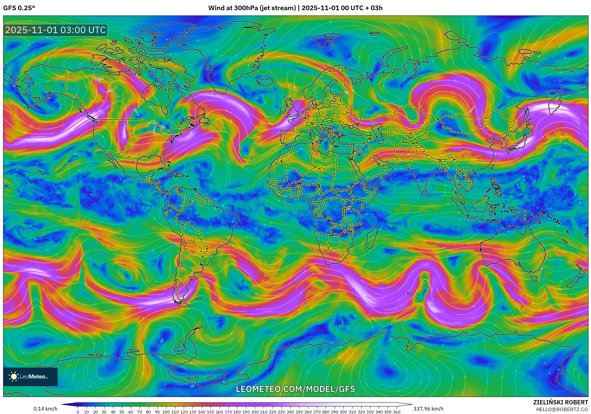 GFS model - World, Wind at 300hPa (jet stream) GFS model - World, Wind at 300hPa (jet stream)