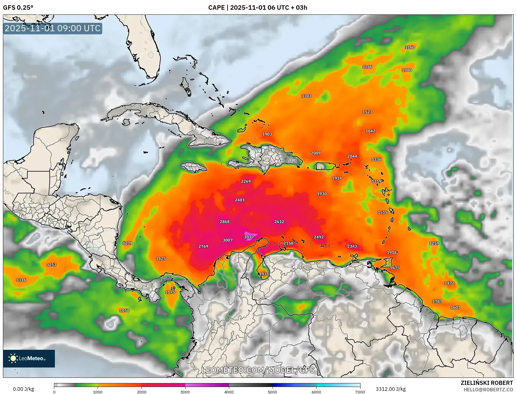 GFS model - Caribbean, CAPE GFS model - Caribbean, CAPE