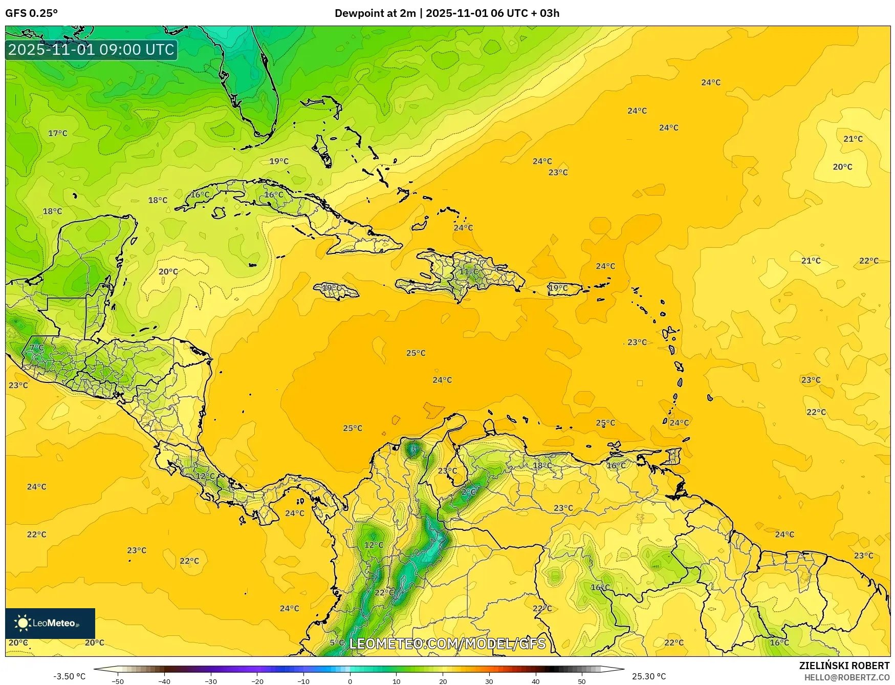 GFS model - Caribbean, Dewpoint at 2m GFS model - Caribbean, Dewpoint at 2m