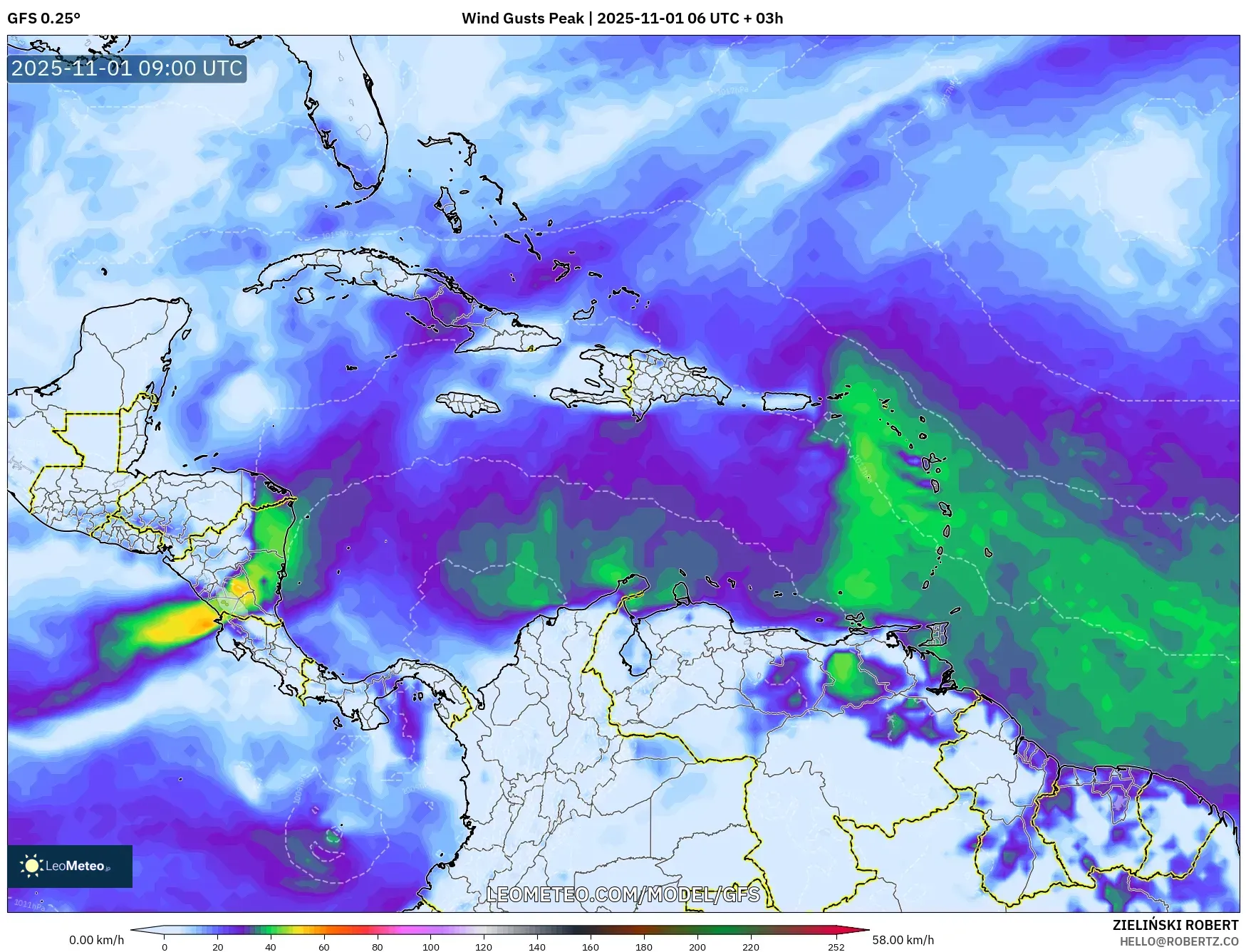 GFS model - Caribbean, Wind Gusts Peak GFS model - Caribbean, Wind Gusts Peak