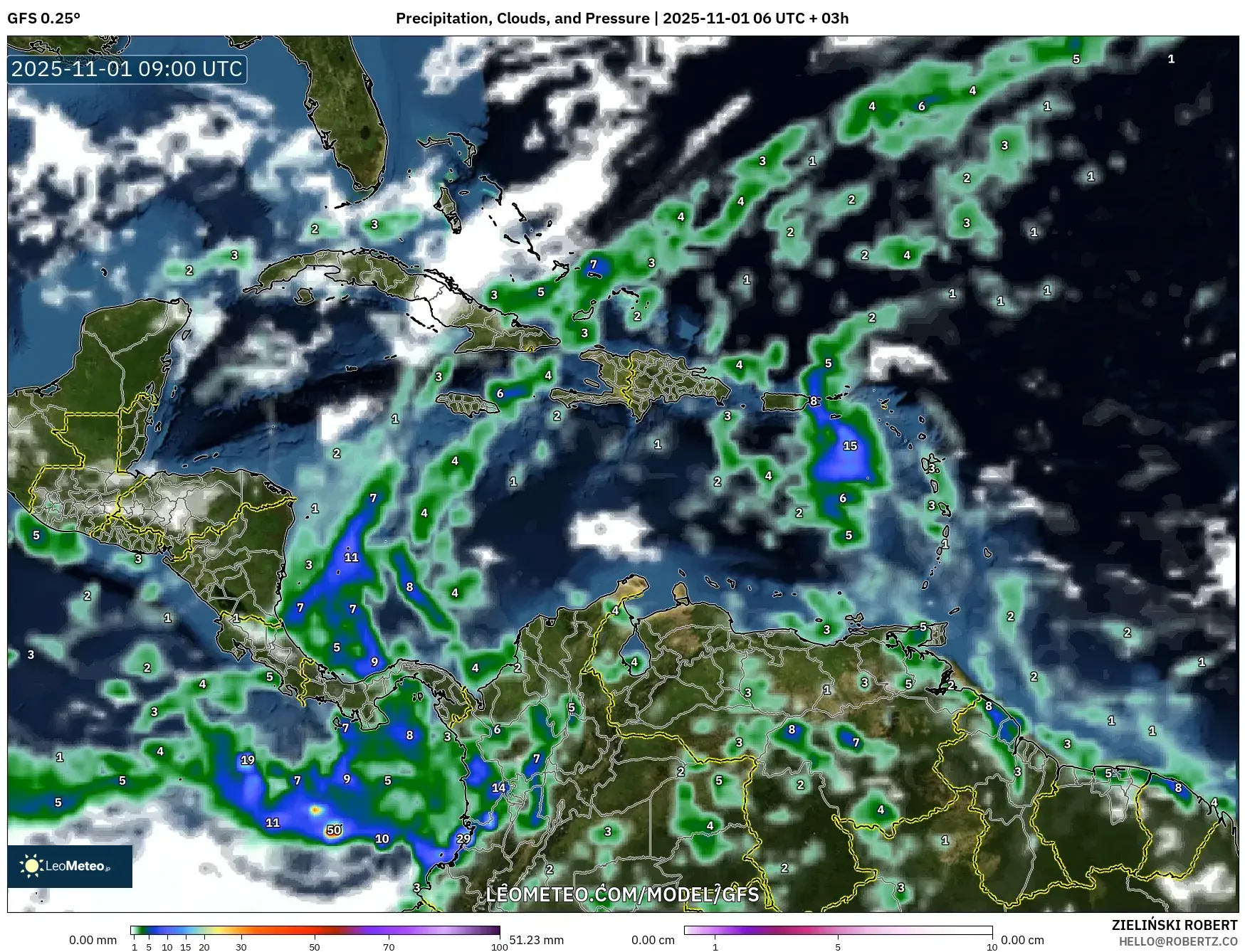 GFS model - Caribbean, Precipitation, Clouds, and Pressure GFS model - Caribbean, Precipitation, Clouds, and Pressure