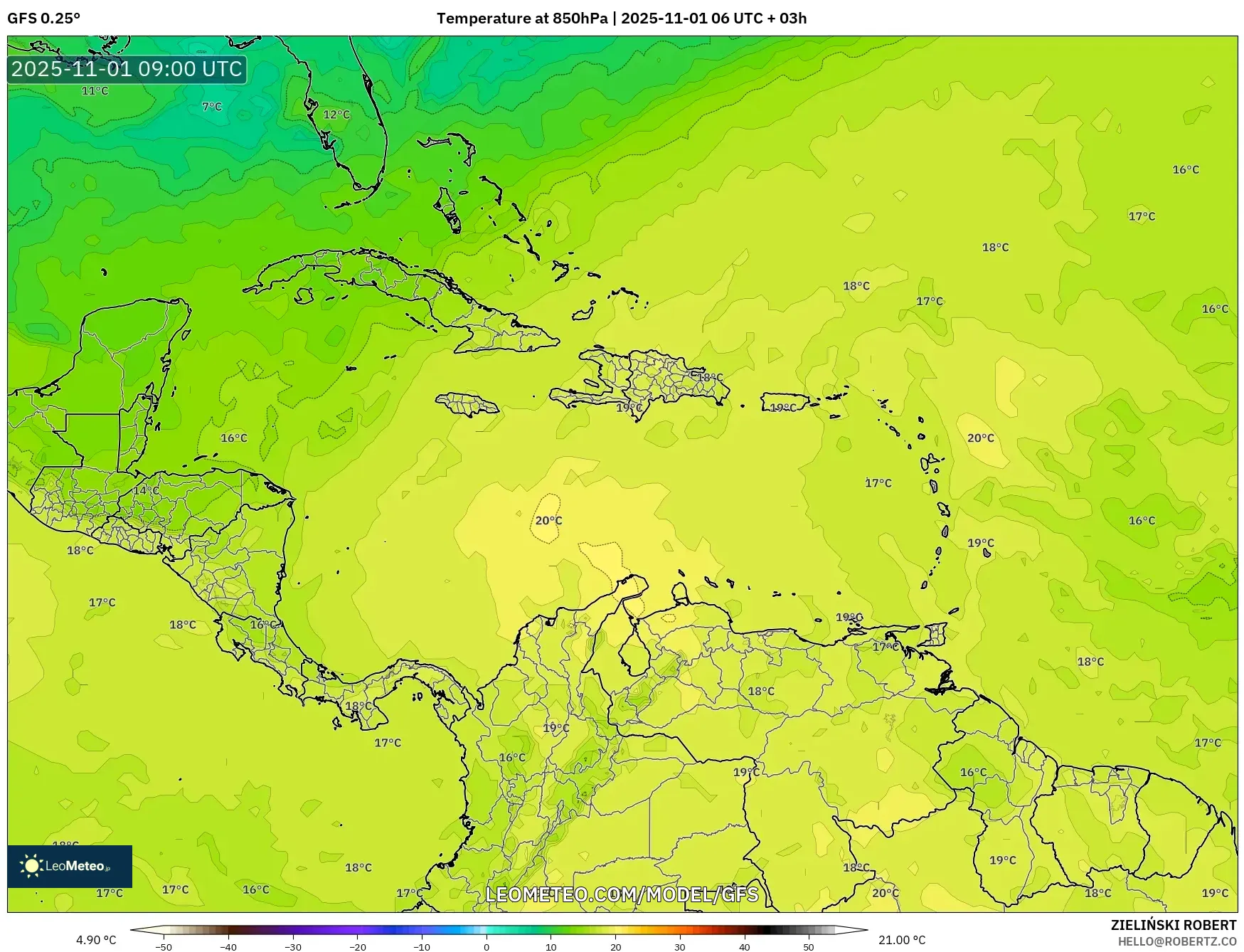 GFS model - Caribbean, Temperature at 850hPa GFS model - Caribbean, Temperature at 850hPa