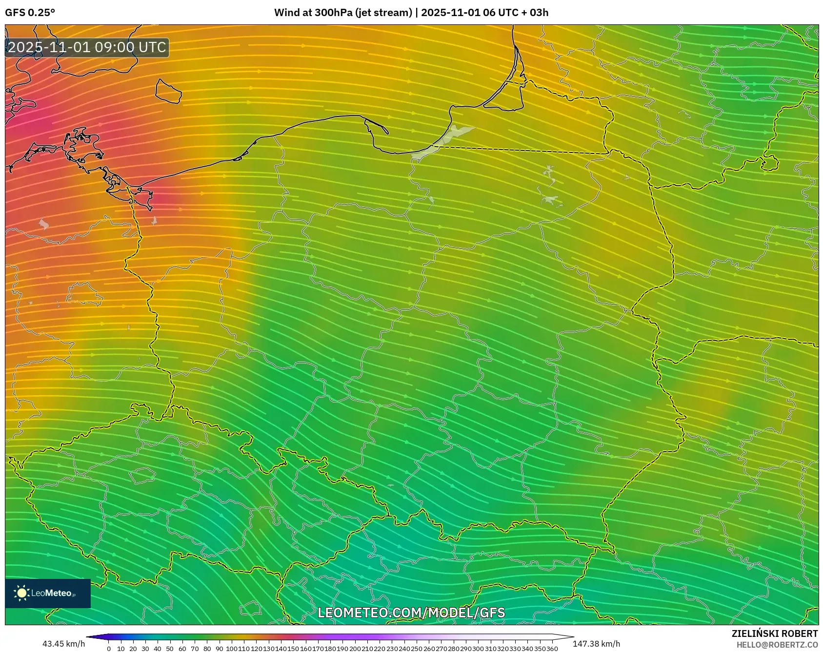 GFS model - Poland, Wind at 300hPa (jet stream) GFS model - Poland, Wind at 300hPa (jet stream)