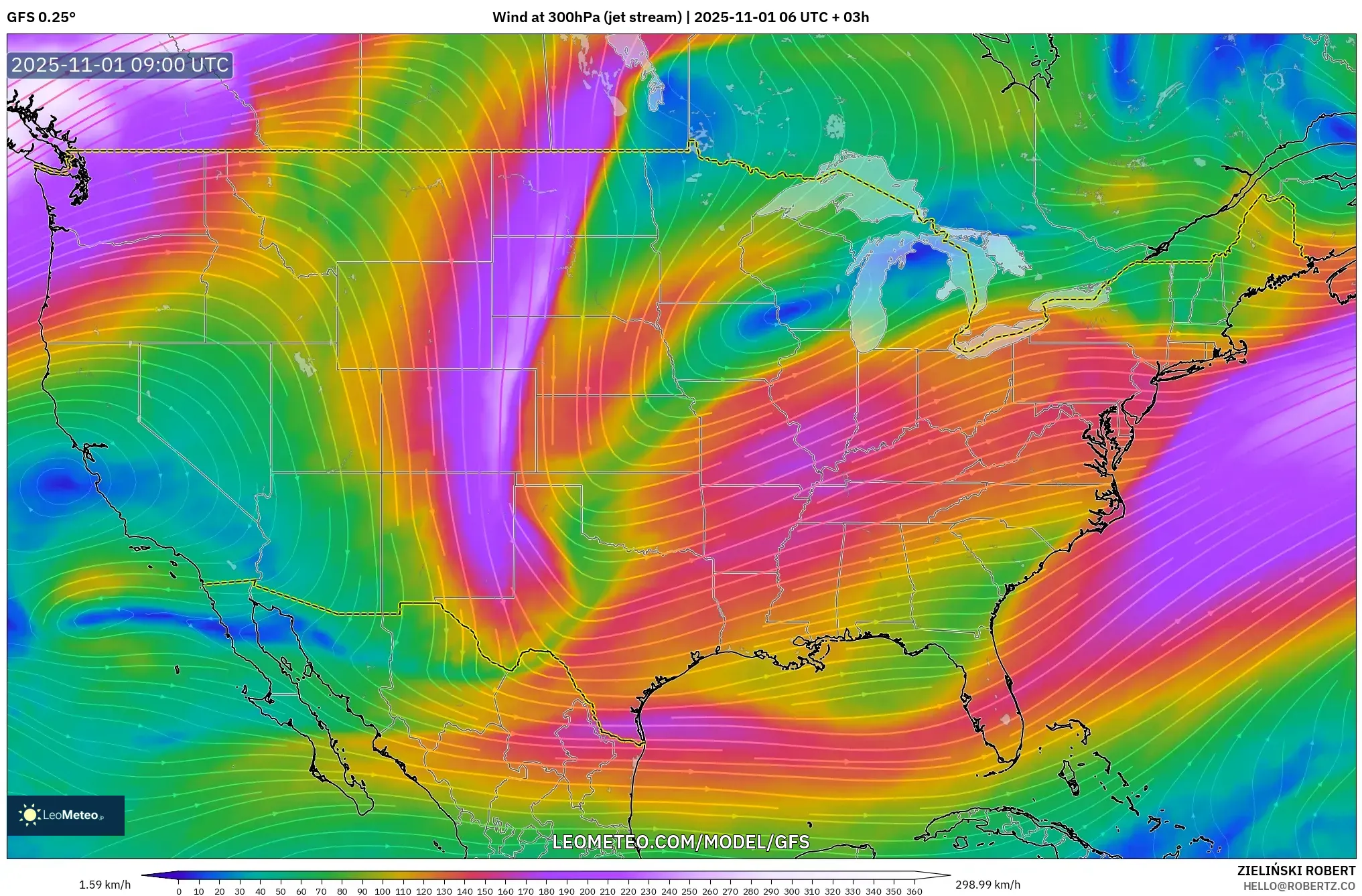 GFS model - United States, Wind at 300hPa (jet stream)