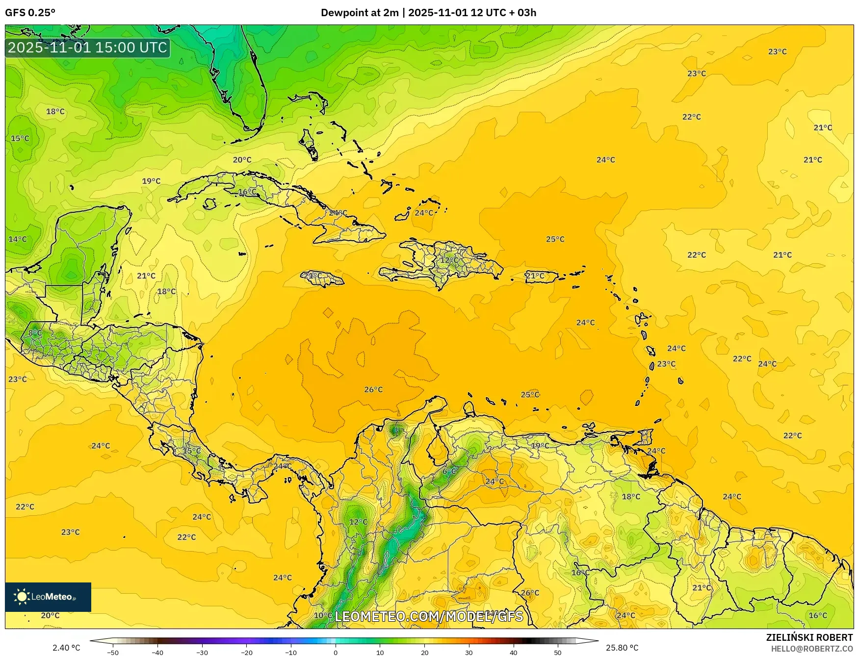 GFS model - Caribbean, Dewpoint at 2m GFS model - Caribbean, Dewpoint at 2m