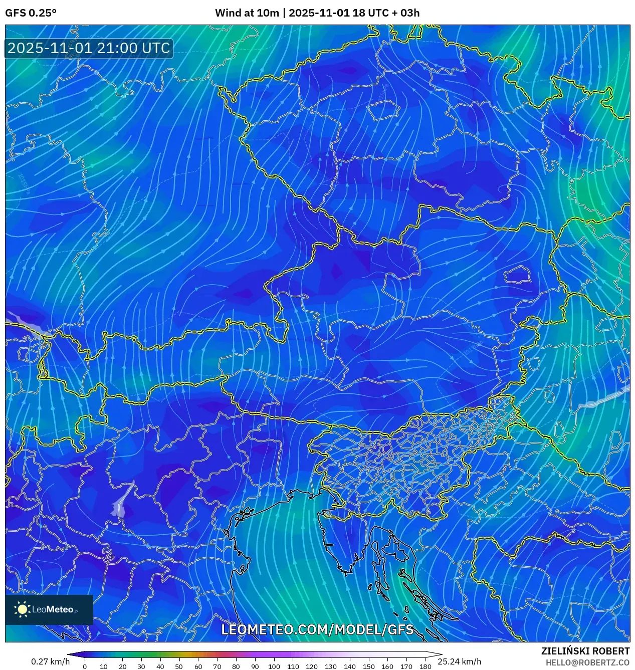 GFS model - Austria, Wind at 10m GFS model - Austria, Wind at 10m