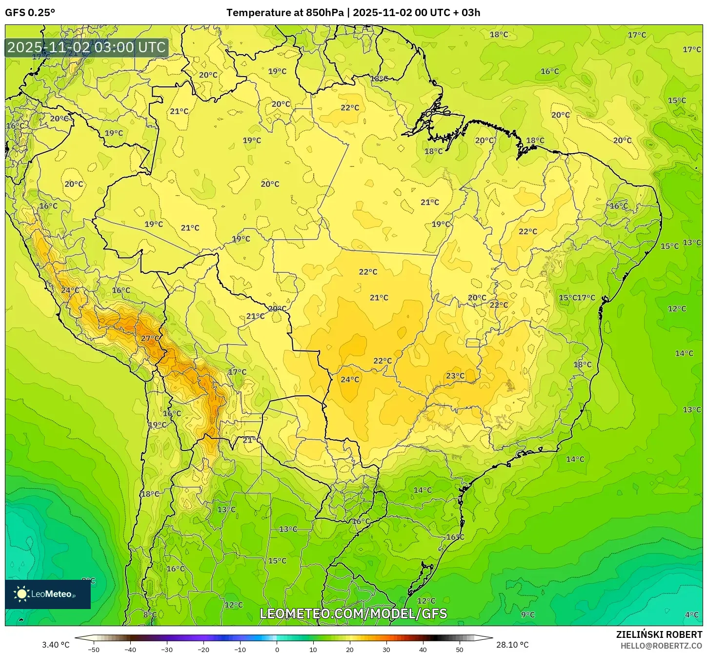GFS model - Brazil, Temperature at 850hPa GFS model - Brazil, Temperature at 850hPa