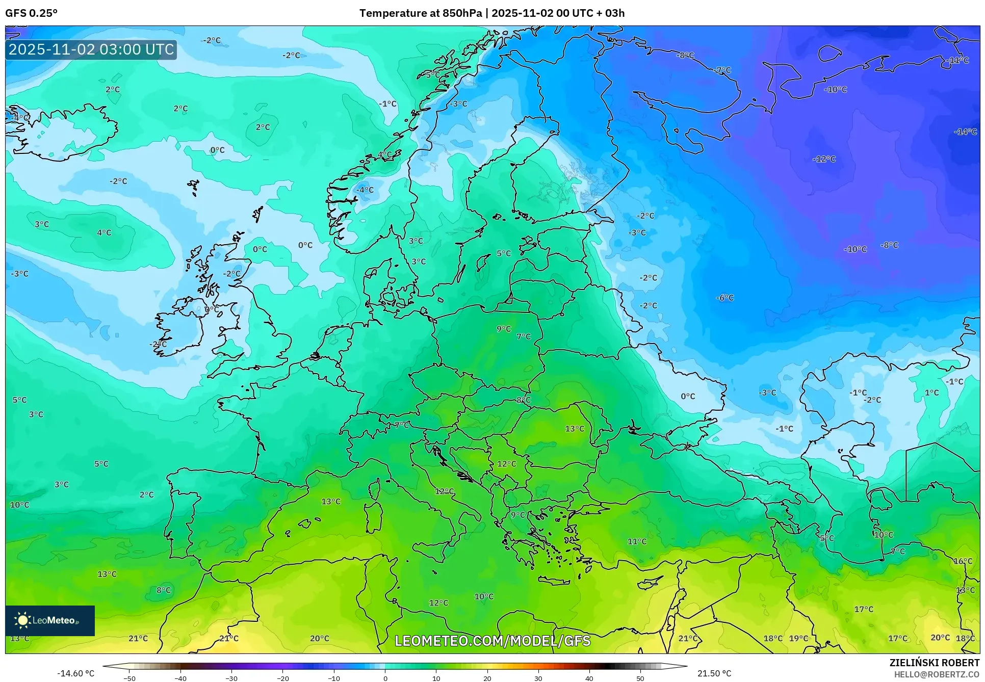 GFS model - Europe, Temperature at 850hPa GFS model - Europe, Temperature at 850hPa