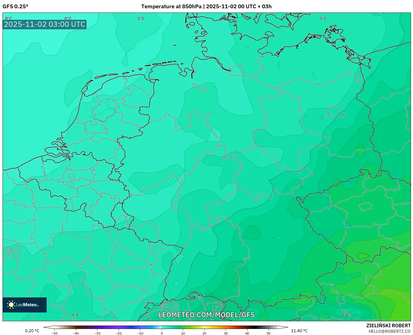 GFS model - Germany, Temperature at 850hPa GFS model - Germany, Temperature at 850hPa