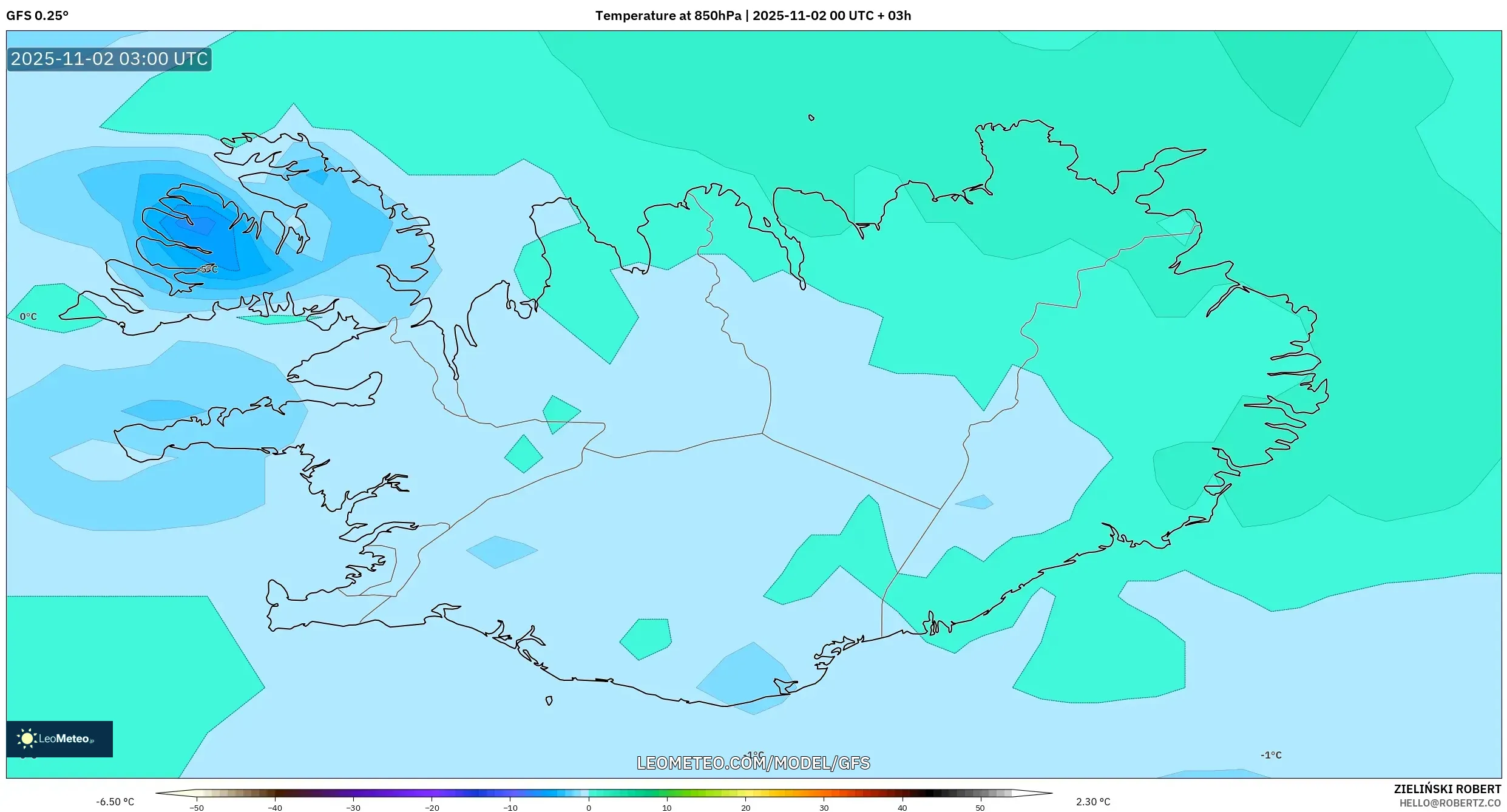 GFS model - Iceland, Temperature at 850hPa GFS model - Iceland, Temperature at 850hPa