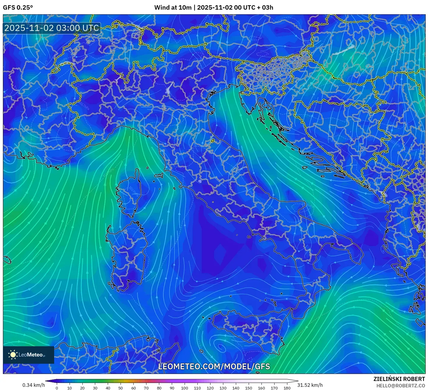 GFS model - Italy, Wind at 10m